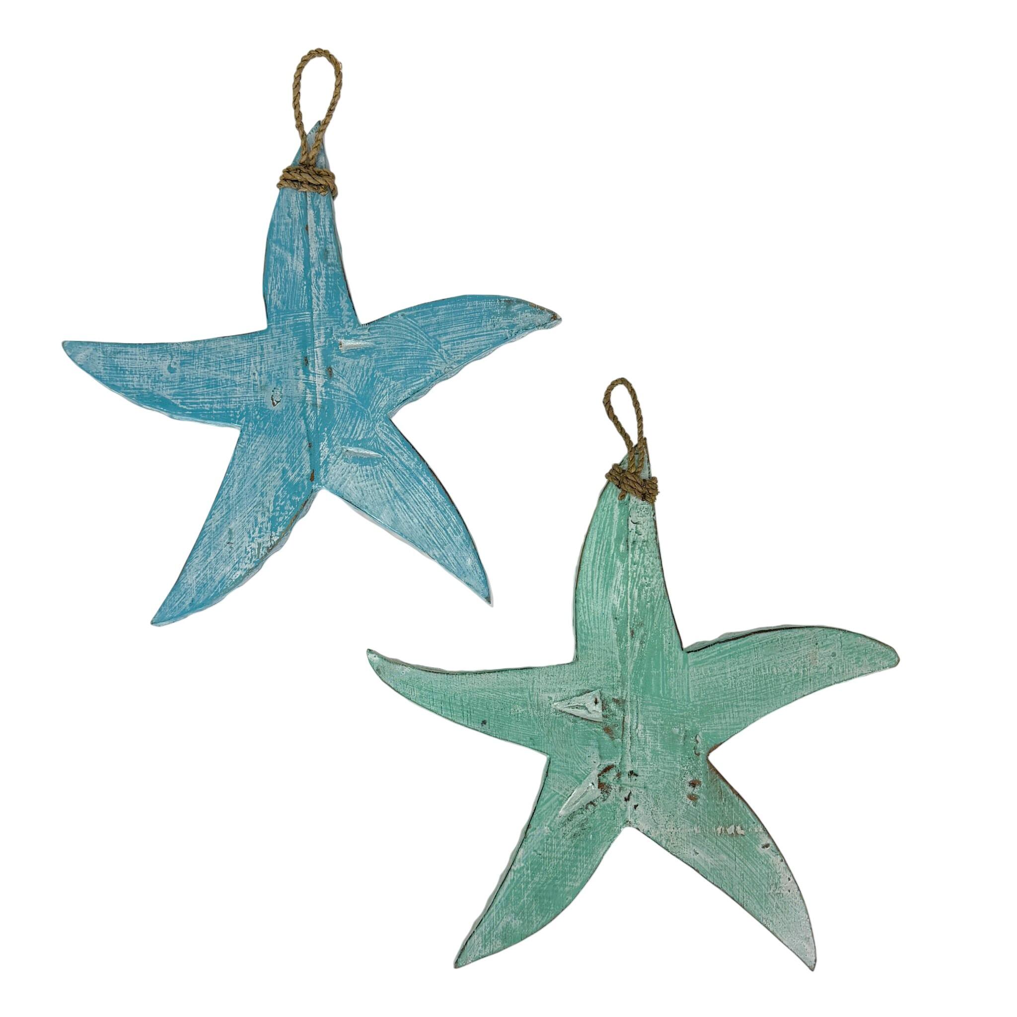Alt View 2. Things2Die4 - Set of 2 Blue Green Wooden Starfish Wall Sculptures Coastal Hanging - Multicolored.