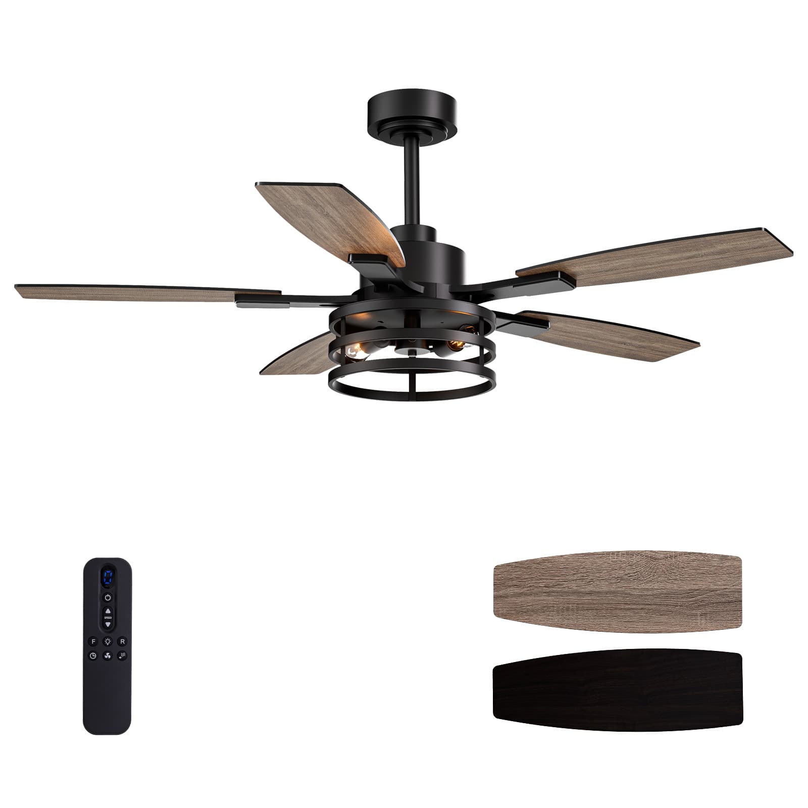 Siljoy - 52 Inch Caged Farmhouse Ceiling Fan with Lights & Remote for Bedroom, Living Room & Patio Indoor/Outdoor - Black