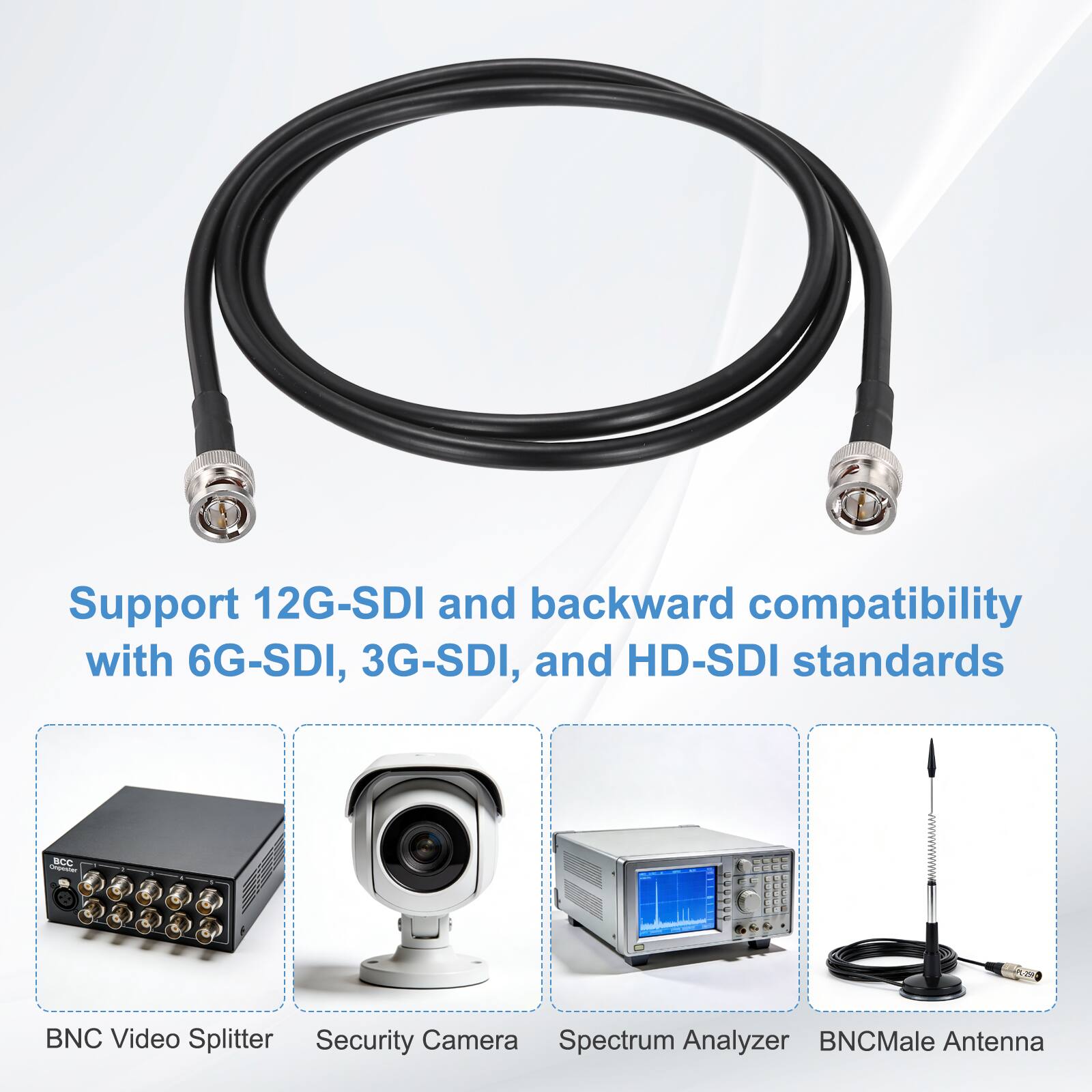 Support 12G-SDI and backward compatibility with 6G-SDI, 3G-SDI, and HD-SDI standards

- BNC Video Splitter
- Security Camera
- Spectrum Analyzer
- BNC Male Antenna