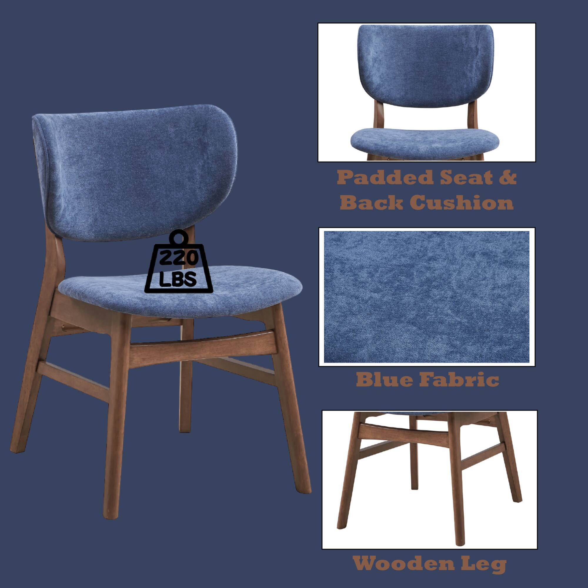- Padded Seat & Back Cushion
- Blue Fabric
- Wooden Leg
- 220 LBS