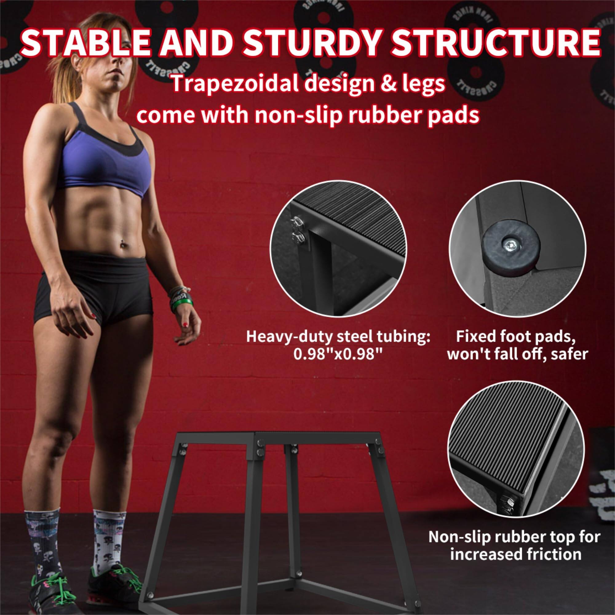 STABLE AND STURDY STRUCTURE  
Trapezoidal design & legs come with non-slip rubber pads  

Heavy-duty steel tubing: 0.98" x 0.98"  
Fixed foot pads, won't fall off, safer  
Non-slip rubber top for increased friction