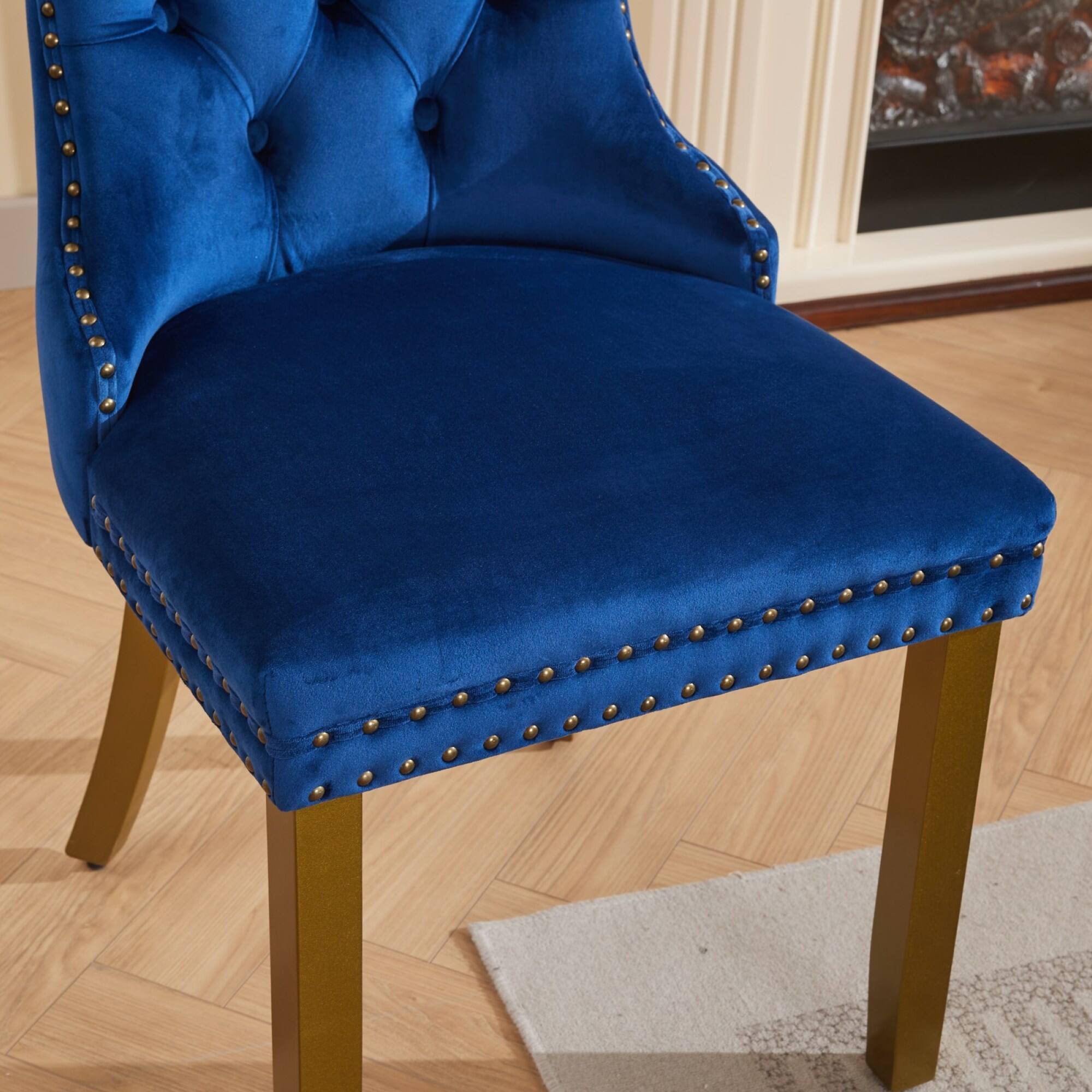 Alt View 8. GOODSILO - Modern Tufted Velvet Dining Chairs with Lion Head Pull Rings and Golden Wooden Legs, Set of 2 - Blue.