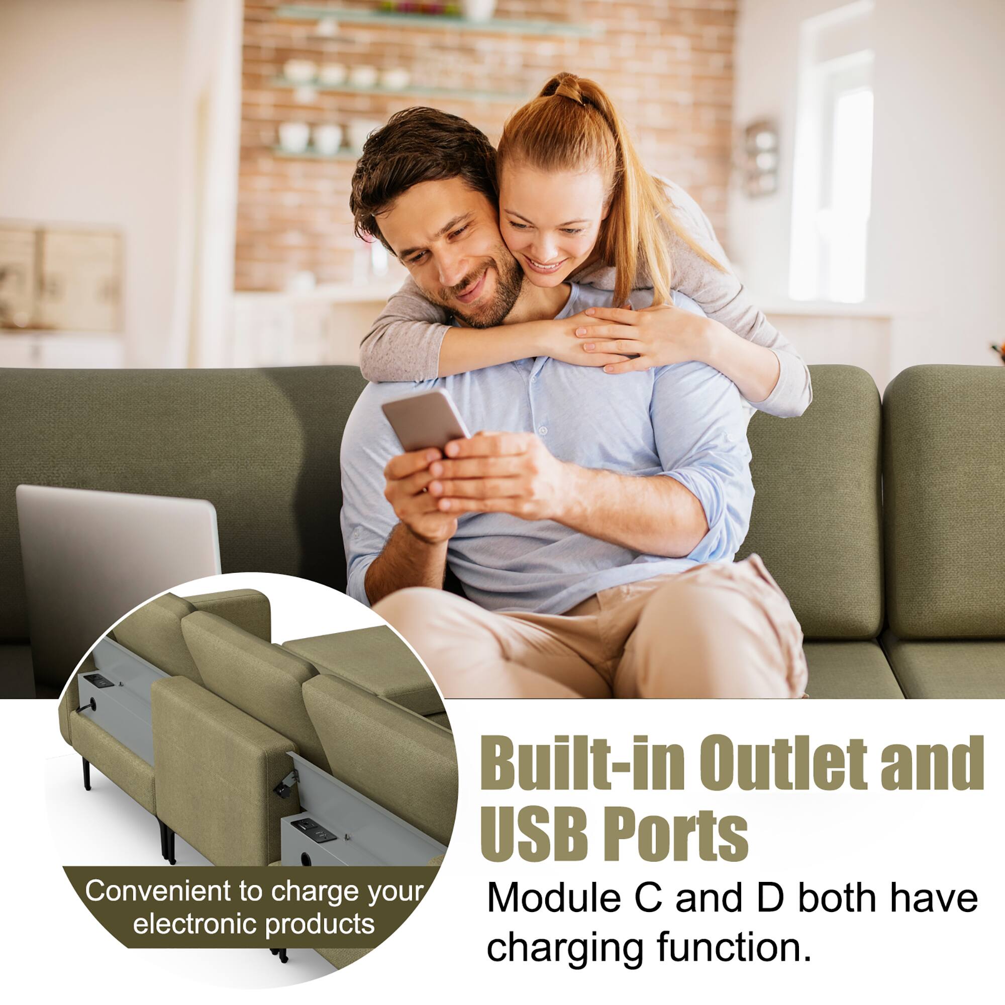 Built-in Outlet and USB Ports  
Convenient to charge your electronic products  
Module C and D both have charging function.