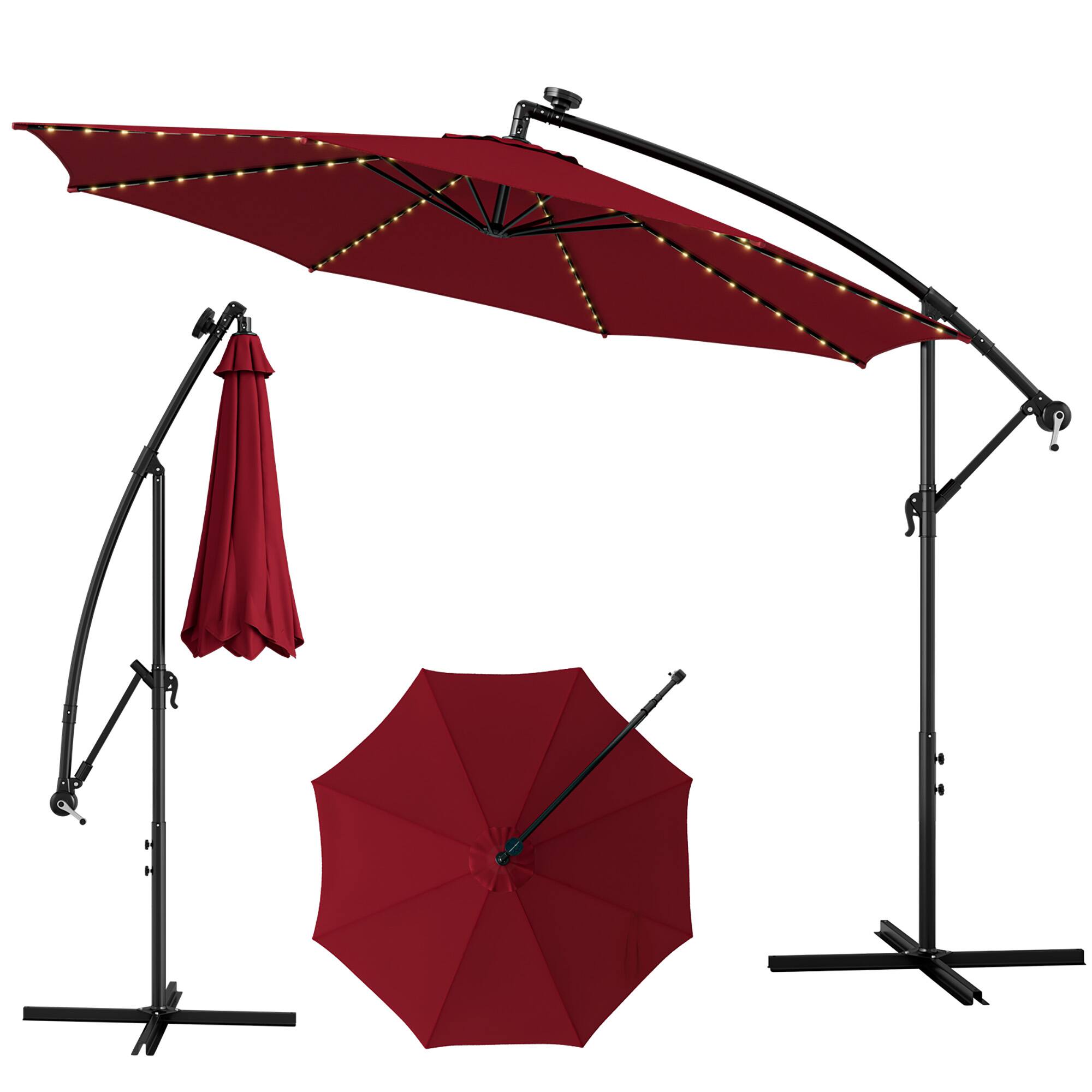 Costway - 10FT Patio Solar-Lighted 112 LED Cantilever Offset Umbrella Crank Tilt Outdoor - Wine