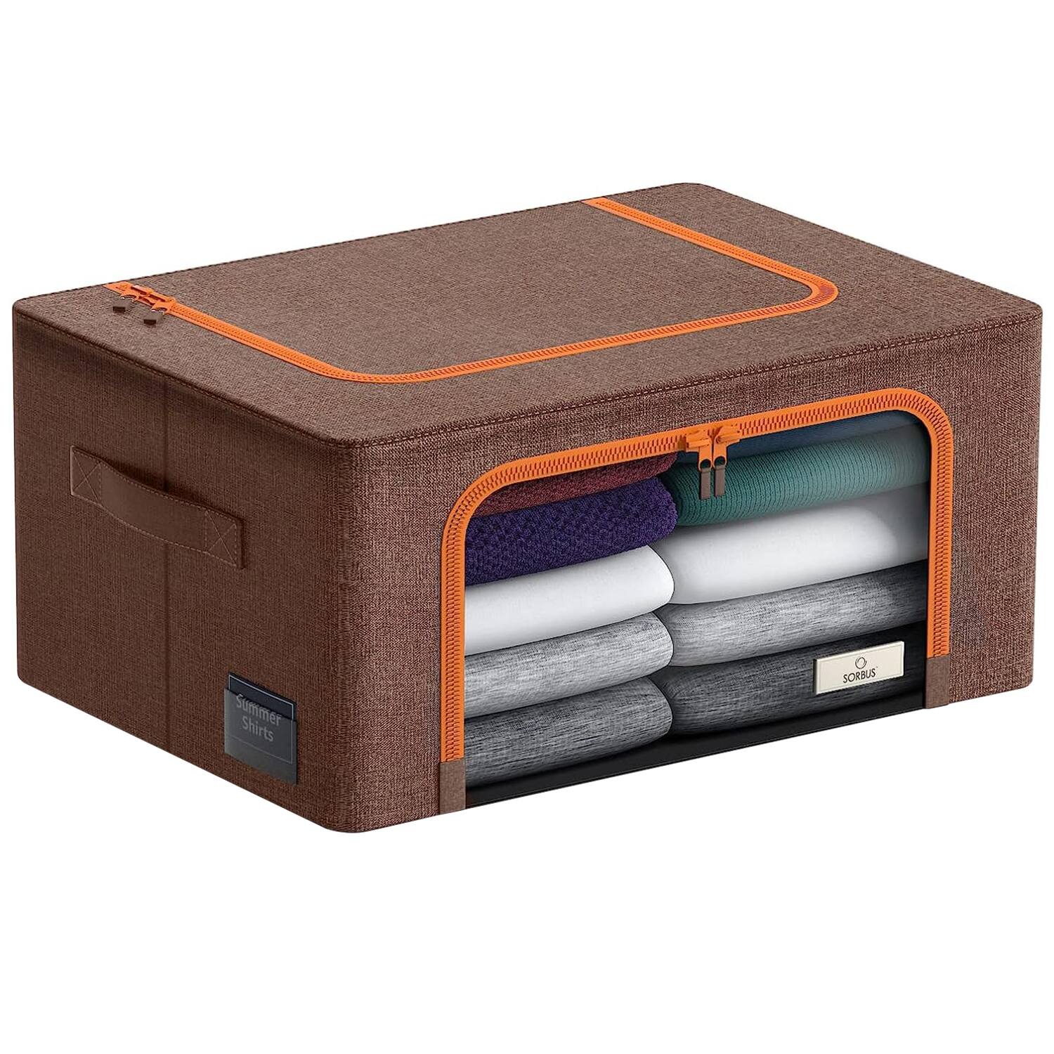 Sorbus - 1 Pack Storage Bins with Metal Frame, Foldable Clothes Organizer Bags, Fabric Containers with Window & Handle - Brown
