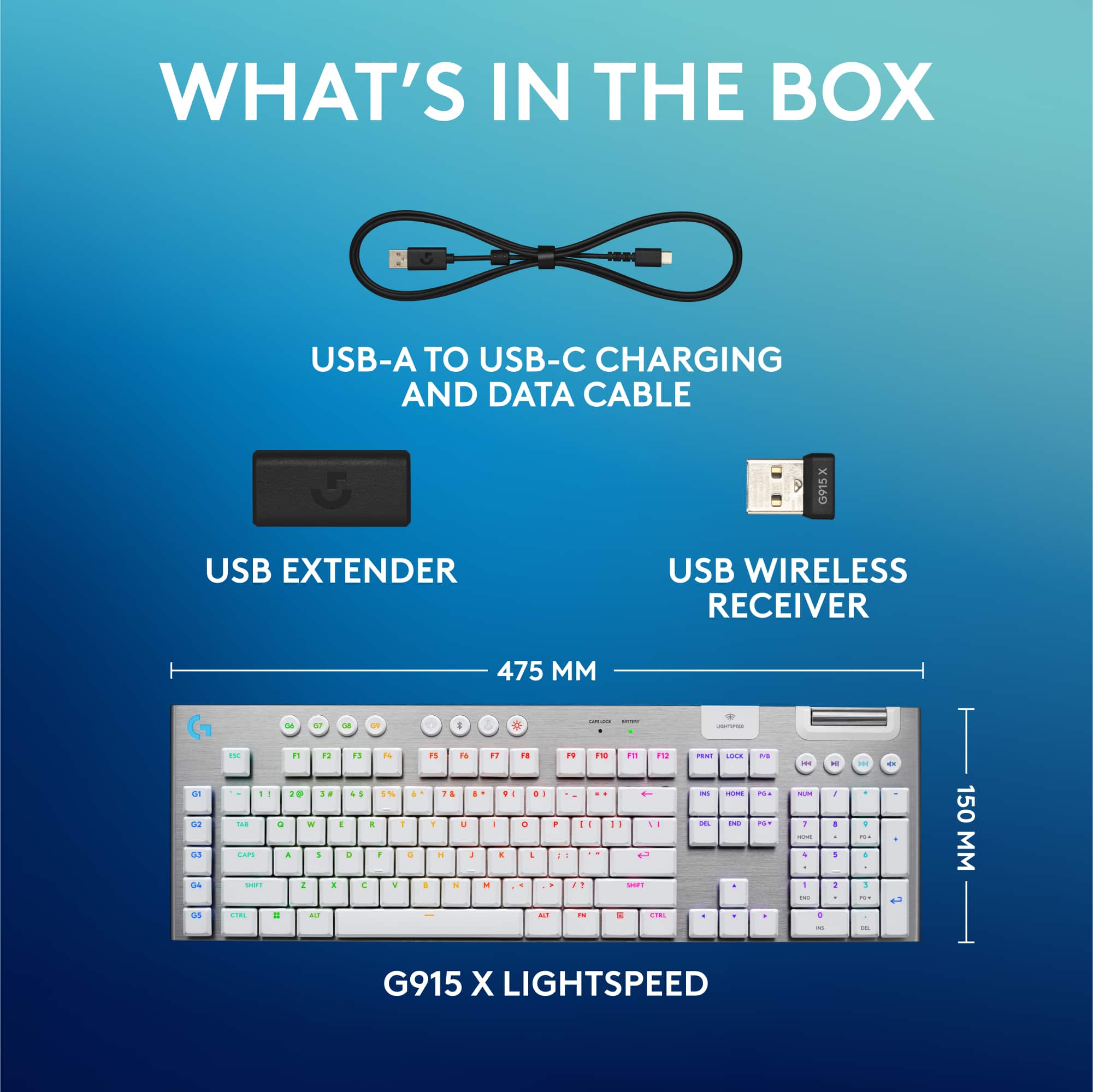 What's in the box: USB-A to USB-C charging and data cable, USB extender, USB wireless receiver.