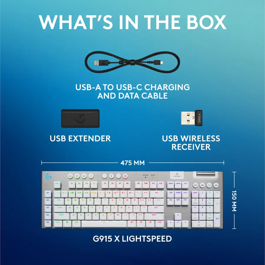 What's in the box: USB-A to USB-C charging and data cable, USB extender, USB wireless receiver.