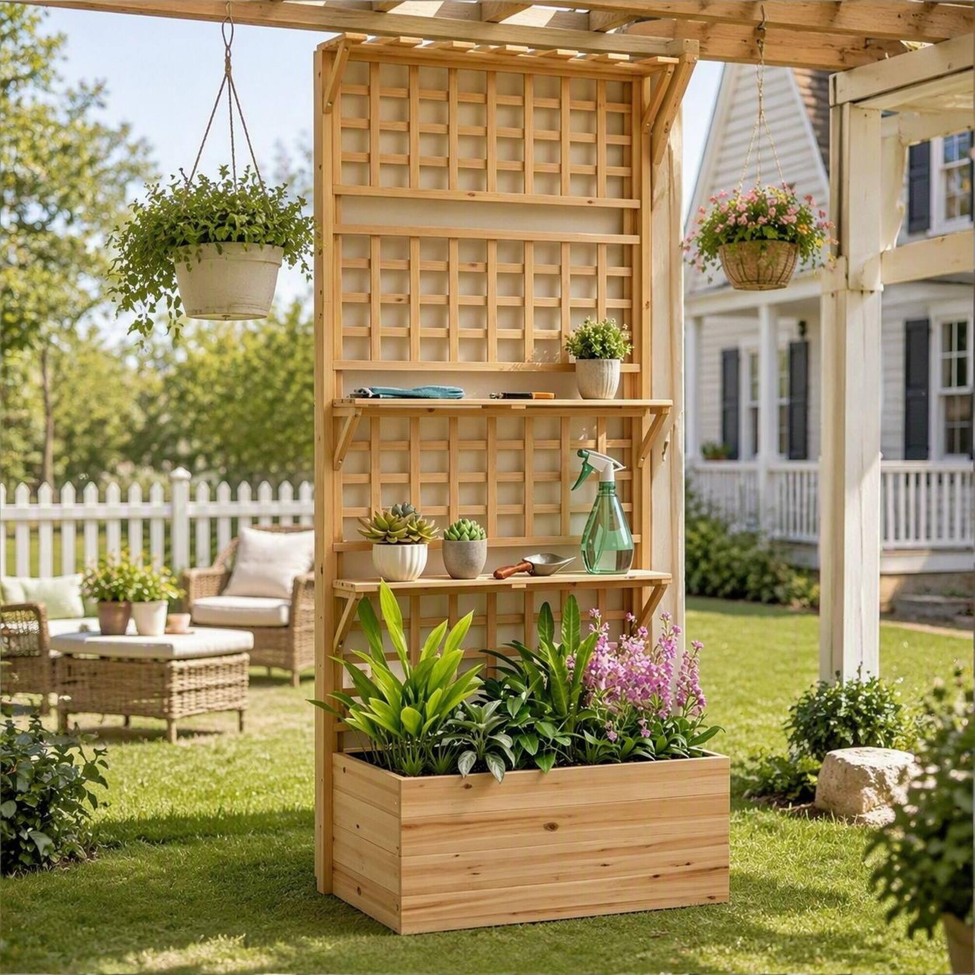 Alt View 1. RYHNUYNE - Wooden Raised Garden Bed with Trellis and Storage Shelves, Fir Wood Planter Box for Climbing Plants, Natural - Natural Wood.