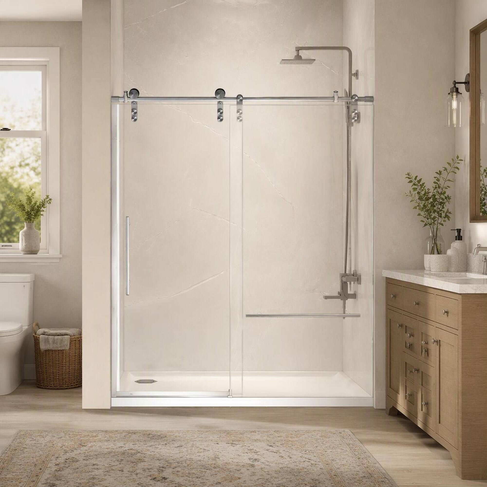 Back. RYHNUYNE - 56-60 In X 76 In H Frameless Sliding Shower Door, 5/16 In Clear Tempered Glass Brushed Nickel Finish - Brushed Nickel.