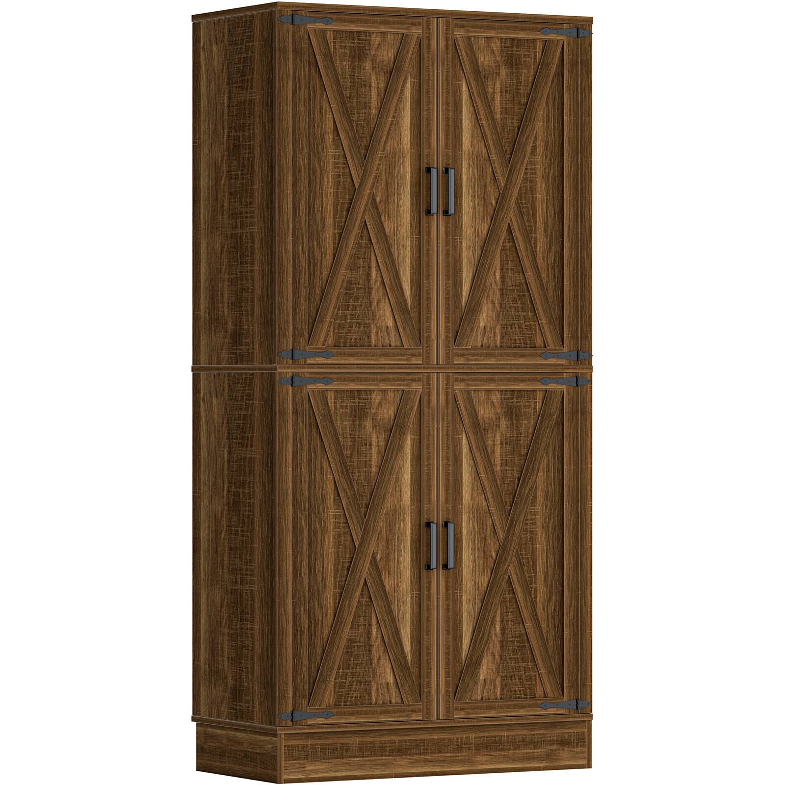 Angle. Aheaplus - 70'' Tall Kitchen Pantry Cabinet with Drawer and Adjustable Shelves, 4 Barn Door Pantry for Dining, Kitchen - Weathered Brown.