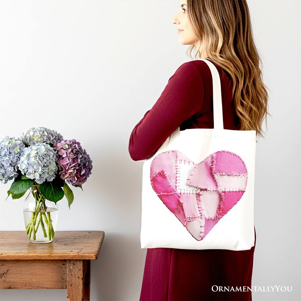 Left. OrnamentallyYou - Patchwork-Style Pink Heart Canvas Tote Bag, Vintage Valentine Coquette Love Printed Gift Bag - White.