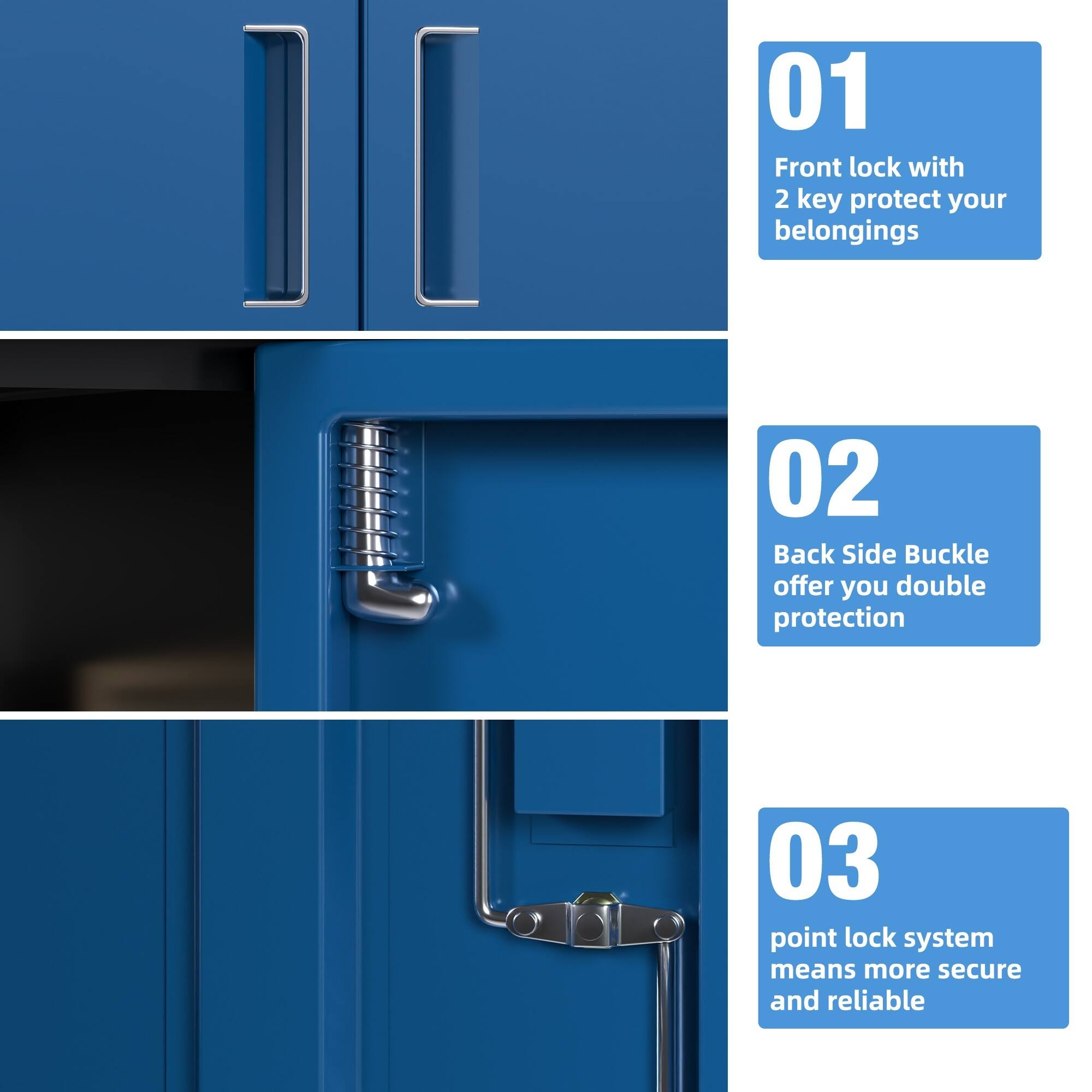 01 Front lock with 2 key protect your belongings  
02 Back Side Buckle offer you double protection  
03 point lock system means more secure and reliable