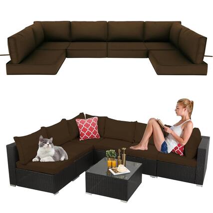 Front. Chateau Abodes - 14-Piece Outdoor Sectional Cushion Set, Waterproof Replacement Cushions with Liner & Cover - Coffee.