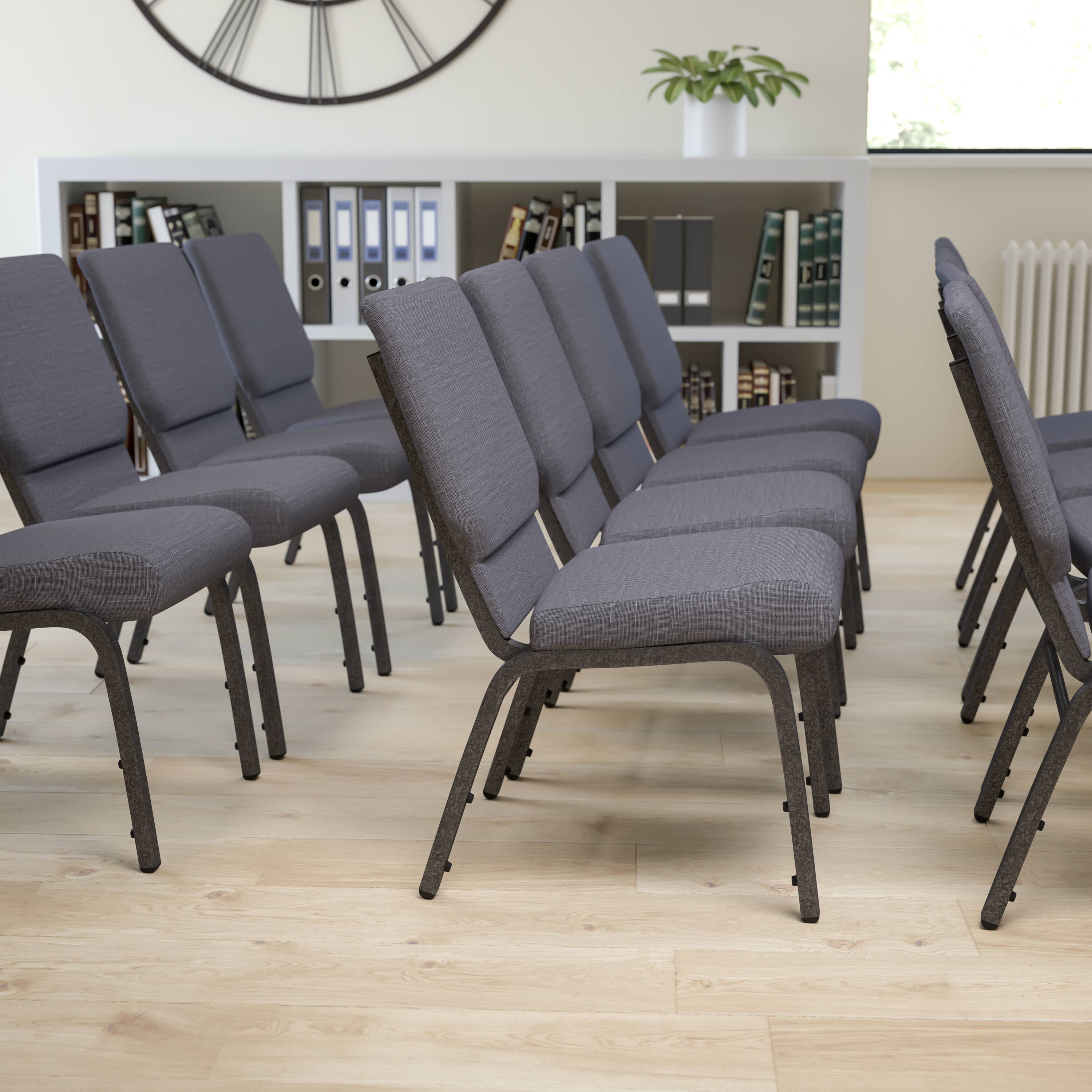 Alt View 1. Emma + Oliver - 18.5"W Stackable Church/Reception Guest Chair - Dark Gray Fabric/Silver Vein Frame.