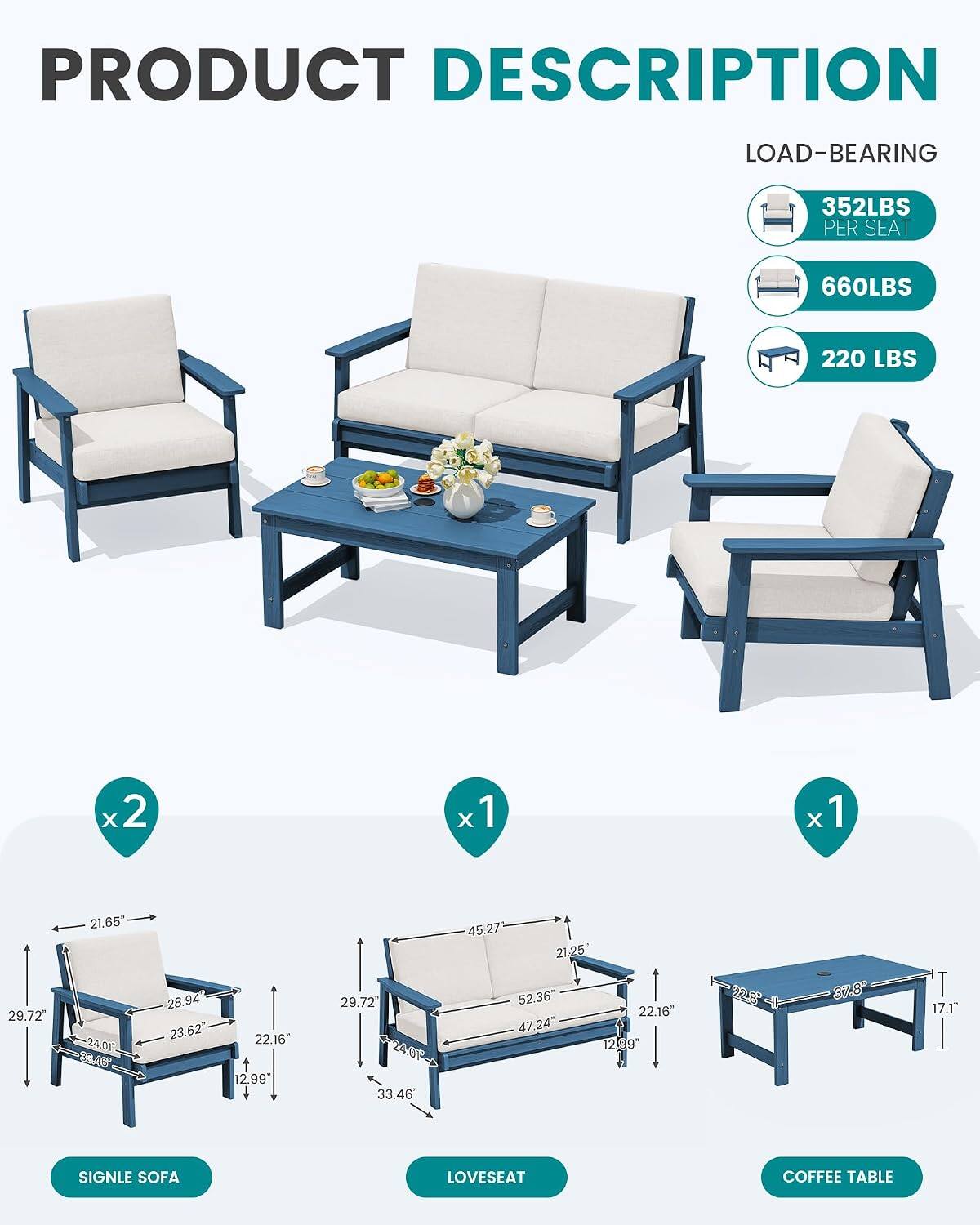 PRODUCT DESCRIPTION

LOAD-BEARING
- 352LBS PER SEAT
- 660LBS
- 220 LBS

SINGLE SOFA
- 29.72" x 21.65" x 24.01" x 23.45"
- 28.94" x 23.62" x 22.16" x 12.99"

LOVESEAT
- 29.72" x 24.01" x 33.46"
- 45.27" x 21.25" x 52.36" x 22.16" x 47.24" x 12.99"

COFFEE TABLE
- 22.8" x 37.8" x 17.1"