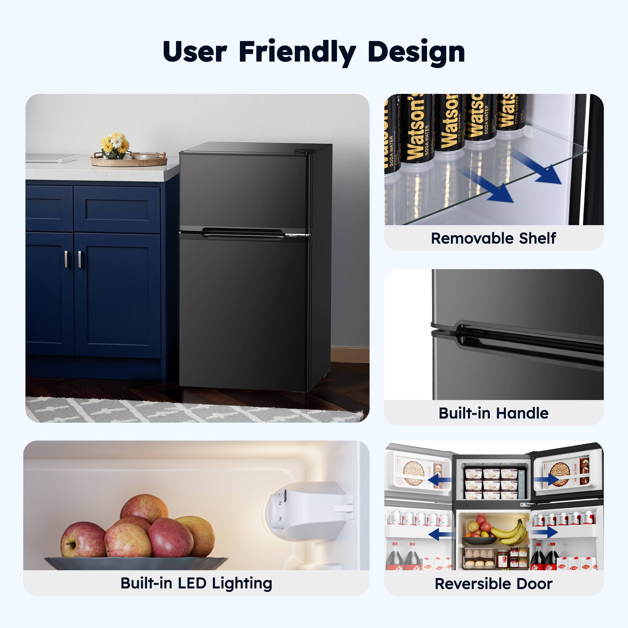 User Friendly Design

- Removable Shelf
- Built-in Handle
- Built-in LED Lighting
- Reversible Door
