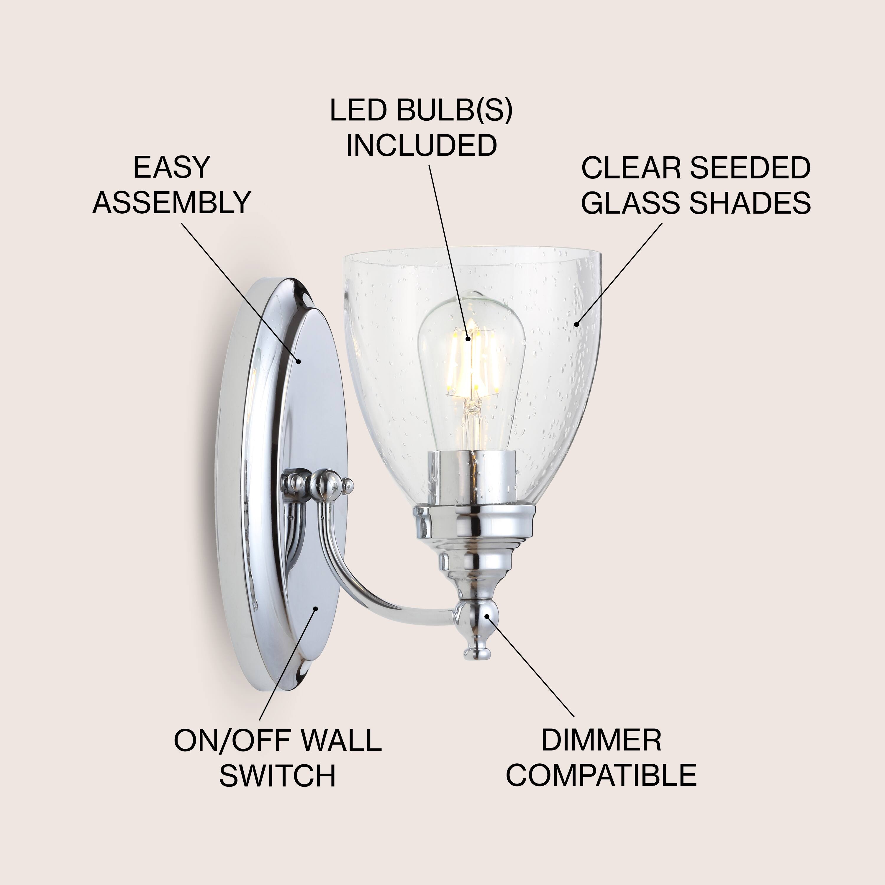 EASY ASSEMBLY  
LED BULB(S) INCLUDED  
CLEAR SEEDED GLASS SHADES  
ON/OFF WALL SWITCH  
DIMMER COMPATIBLE