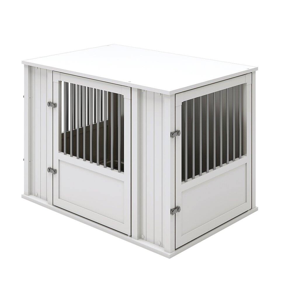 Angle. New Age Pet - Durable ECOFLEX Large Dog Crate with Flexible Door Placement in Antique White.