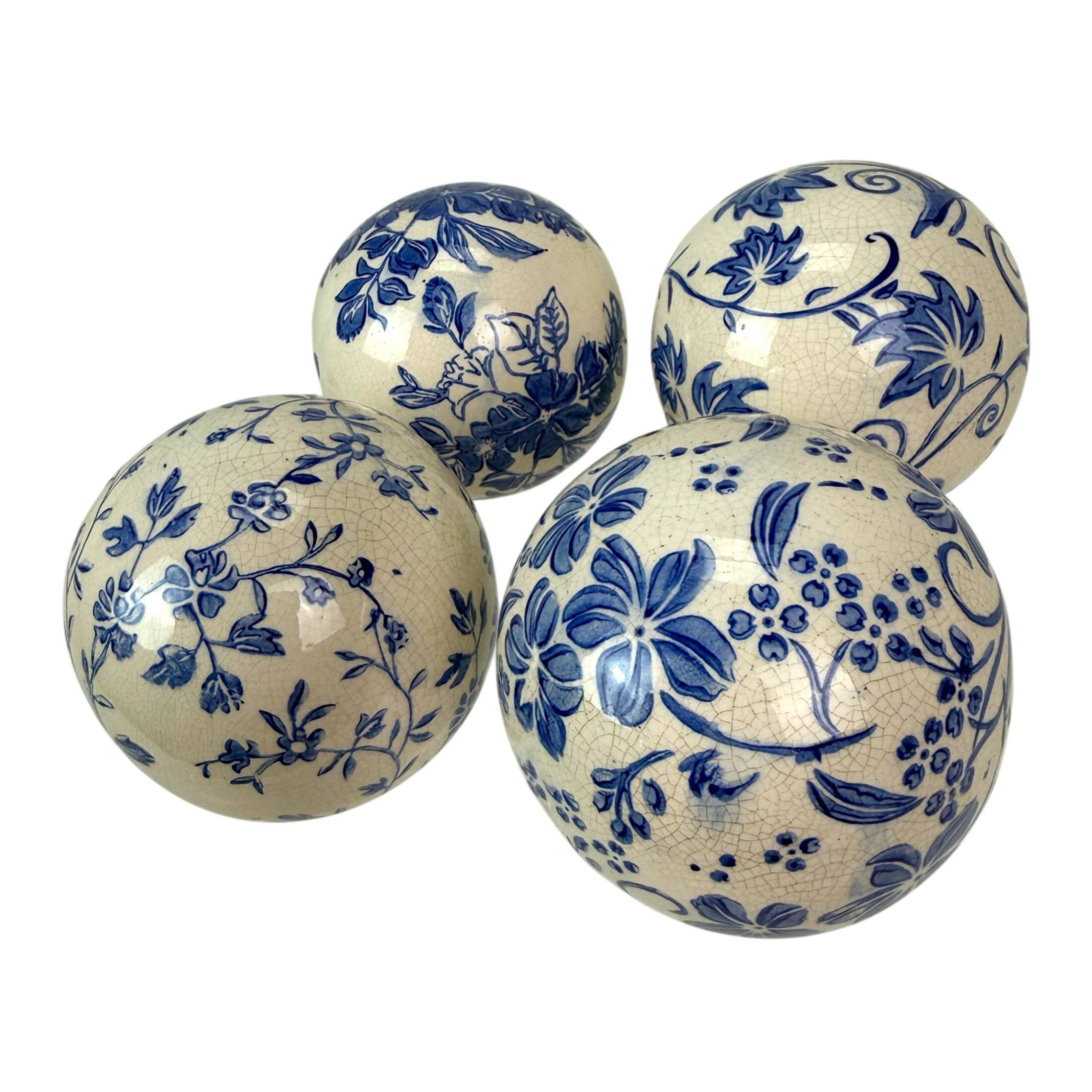 Alt View 2. Things2Die4 - Decorative Orbs Set of 4 Blue White Floral Crackle Ceramic 3.75 In - White.