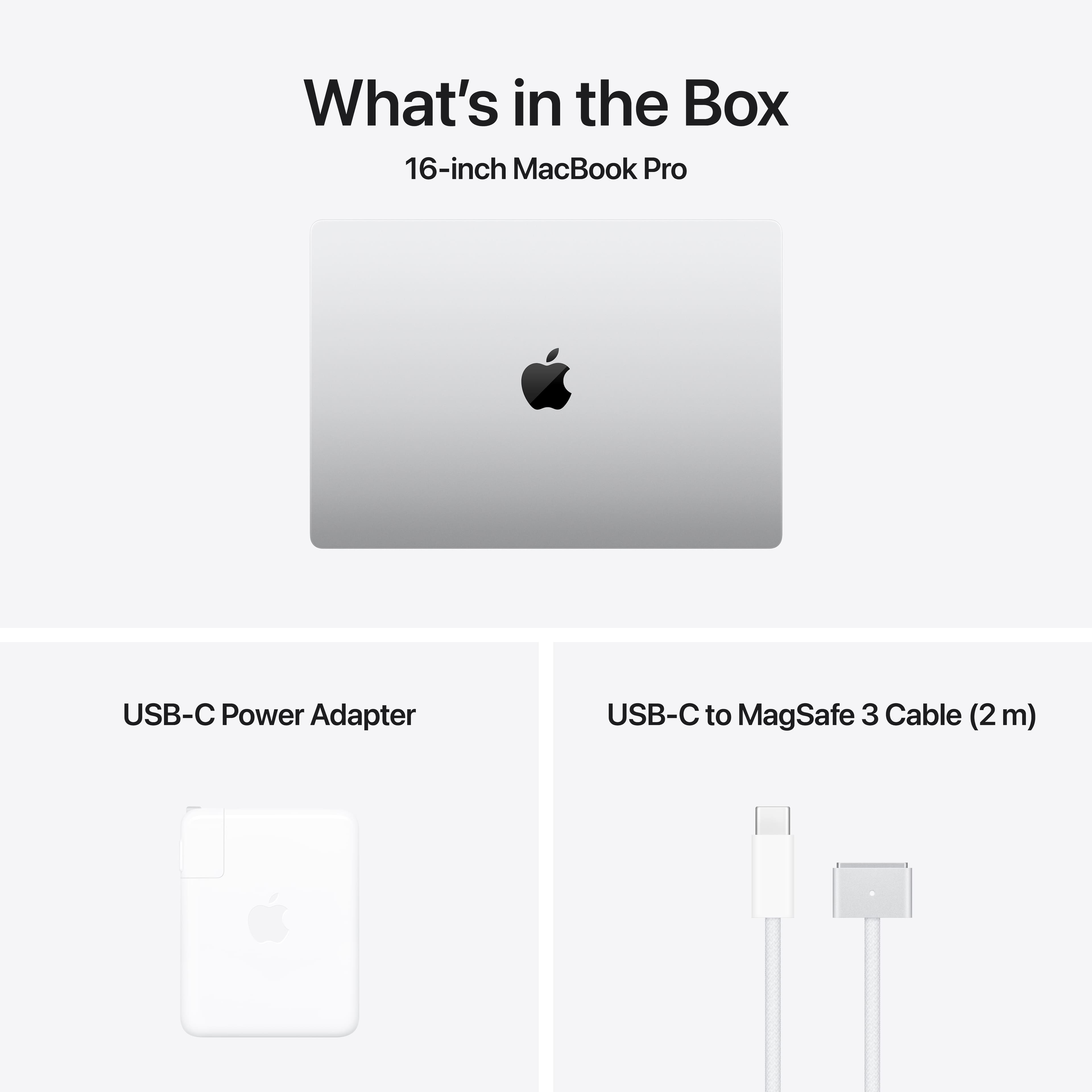 What's in the Box: 16-inch MacBook Pro USB-C Power Adapter, USB-C to MagSafe 3 Cable (2m).