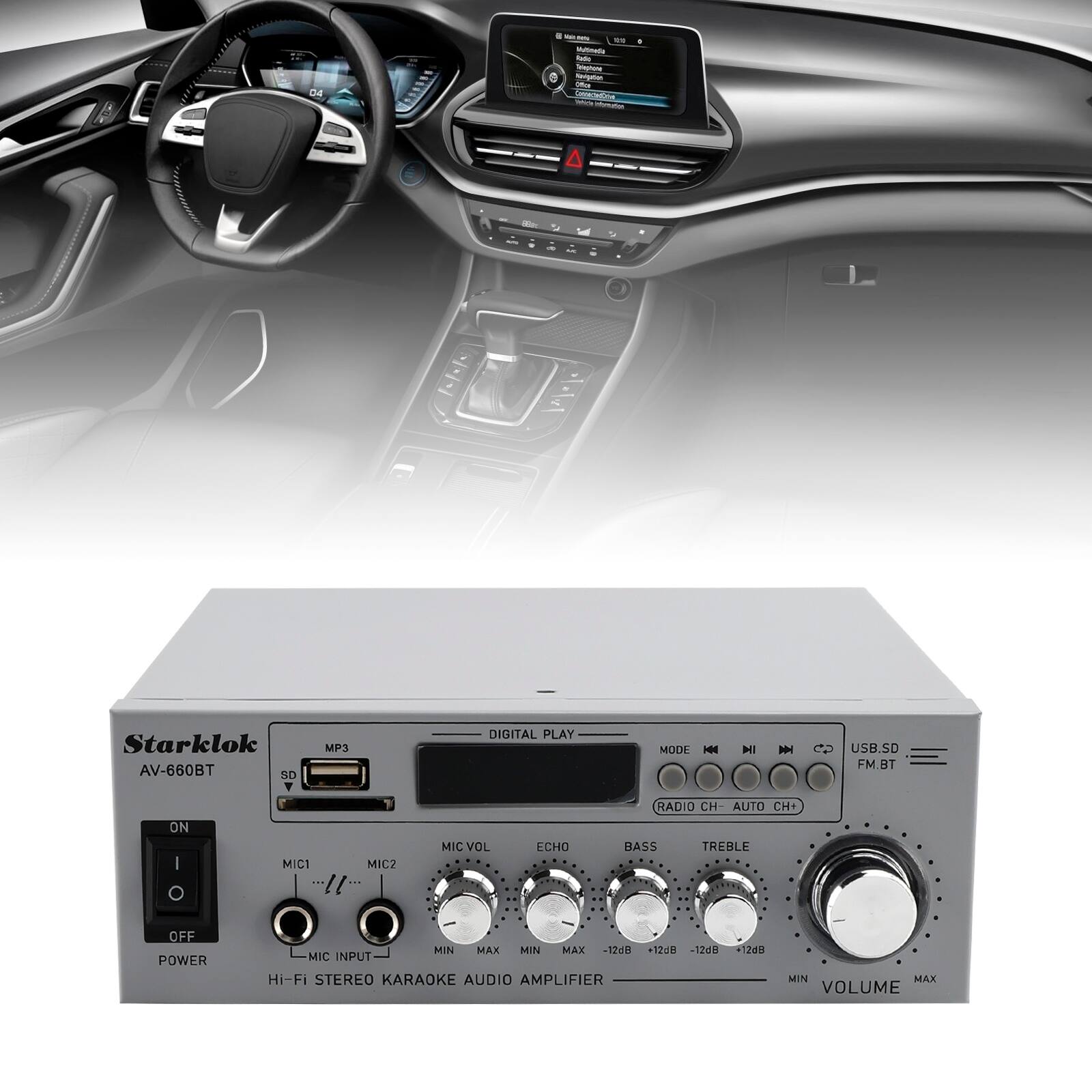 04 . - - -. -  -ues a MT Cee dd i - - Starklok AV-660BT SD MP3 DIGITAL PLAY MODE H NI  USU.SD FM.BT ON I O MIC1 MIC2 "!I MIC VOL ECHO RADIO CH- AUTO CH+ BASS TREBLE OFF POWER MIN MAX -12dB +12dB -12dB MIC NPUT Hi-FI STEREO KARAOKE AUDIO AMPLIFIER +12dB MIN MAX VOLUME