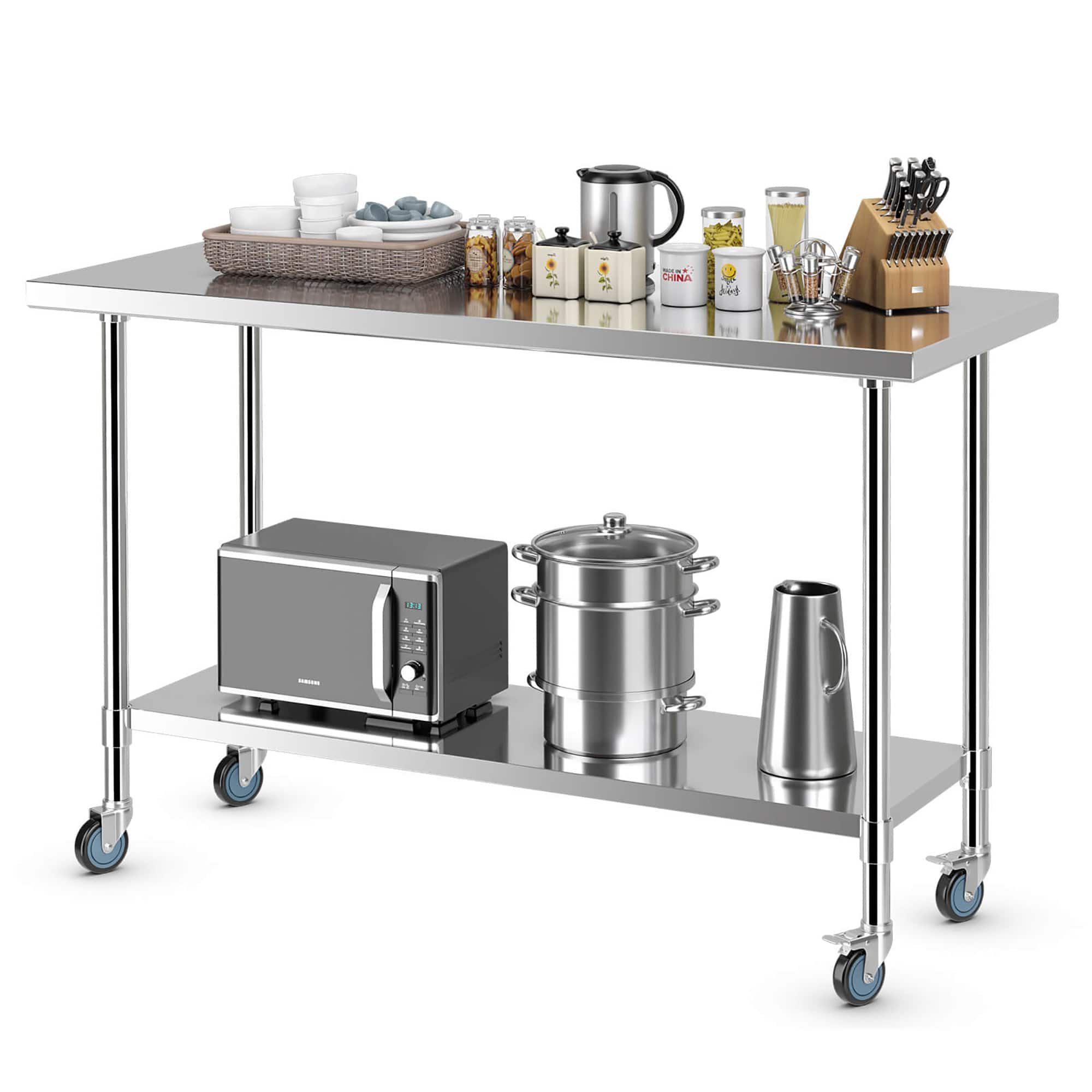 Gymax - 24'' x 60 '' Stainless Steel Work Table Kitchen Prep Work Table w/ wheels - Silver