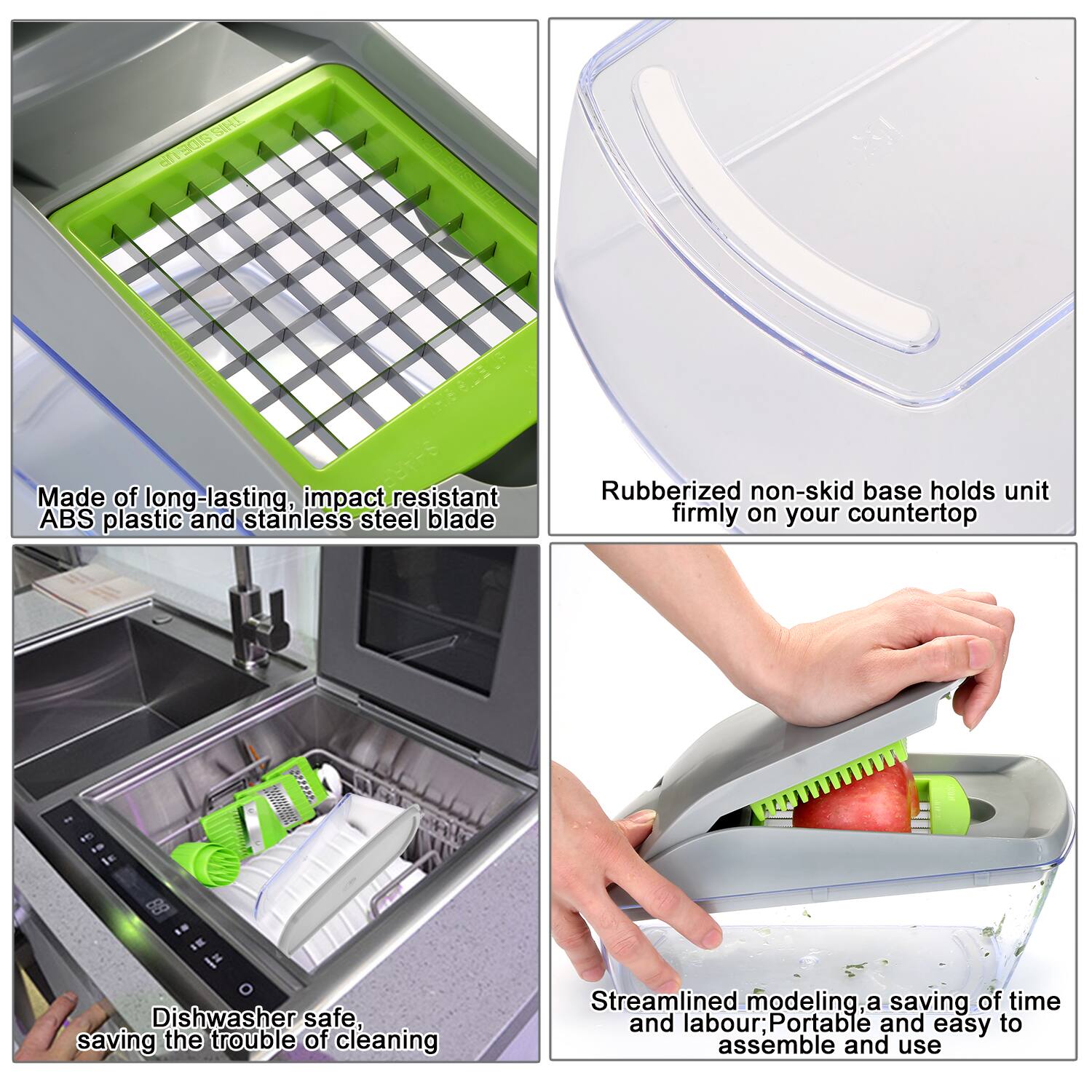 Made of long-lasting, impact resistant ABS plastic and stainless steel blade, Rubberized non-skid base holds unit firmly on your countertop, Dishwasher safe, saving the trouble of cleaning, Streamlined modeling, a saving of time and labour; Portable and easy to assemble and use.