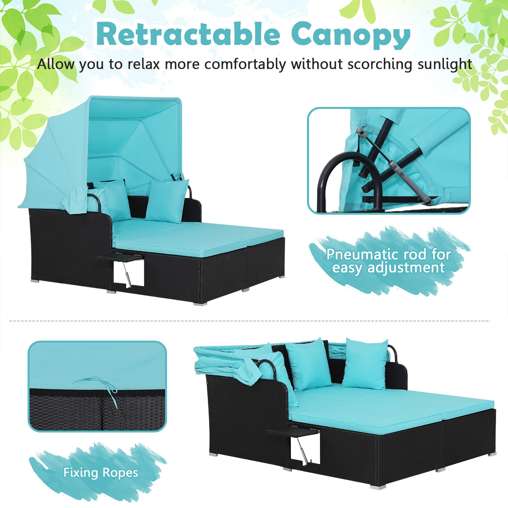 Retractable Canopy: Allow you to relax more comfortably without scorching sunlight. Pneumatic rod for easy adjustment. Fixing Ropes.