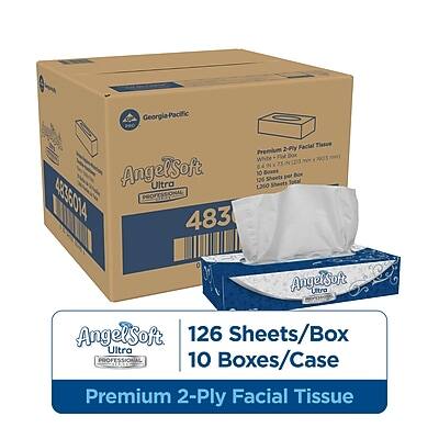 Georgia-Pacific AngelSoft Ultra Premium 2-Ply Facial Tissue  
126 Sheets/Box  
10 Boxes/Case  
Total Sheets: 1260  
4836014  
PROFESSIONAL