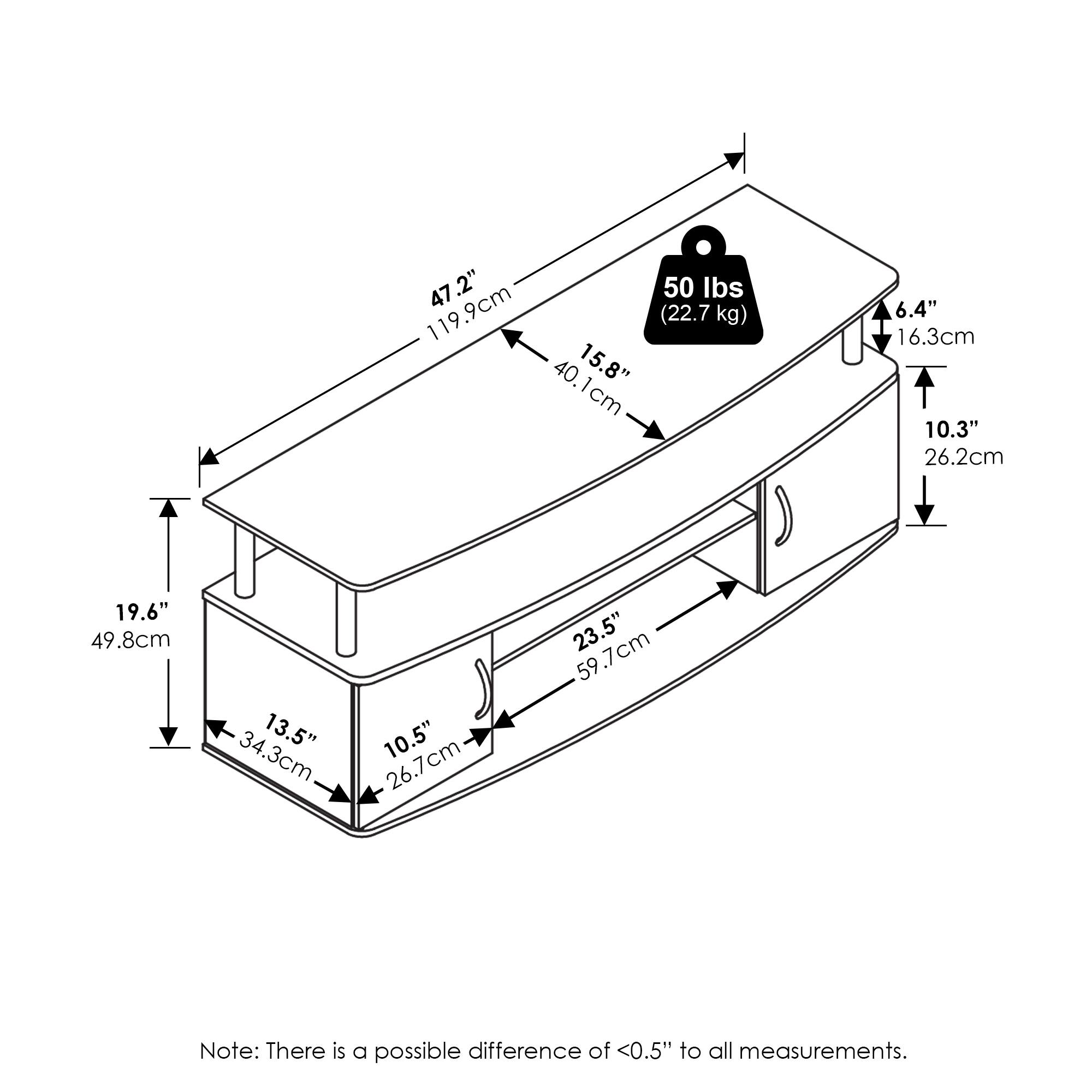 47.2" (119.9 cm)  
47" (119.9 cm)  
50 lbs (22.7 kg)  
40.1 cm (15.8")  
6.4" (16.3 cm)  
10.3" (26.2 cm)  
19.6" (49.8 cm)  
13.5" (34.3 cm)  
10.5" (26.7 cm)  
23.5" (59.7 cm)  

Note: There is a possible difference of <0.5" to all measurements.