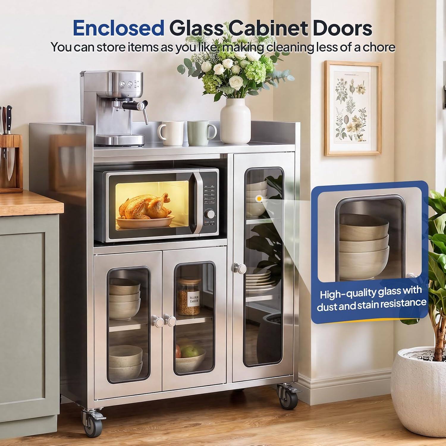 Enclosed Glass Cabinet Doors  
You can store items as you like, making cleaning less of a chore.  
High-quality glass with dust and stain resistance
