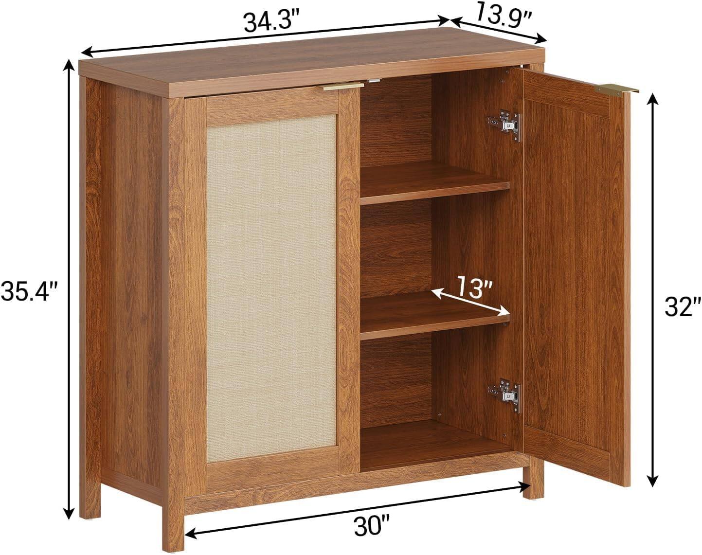 34.3" (width)  
13.9" (depth)  
35.4" (height)  
32" (height of cabinet)  
30" (width of cabinet)  
13" (shelf depth)  
3" (shelf spacing)