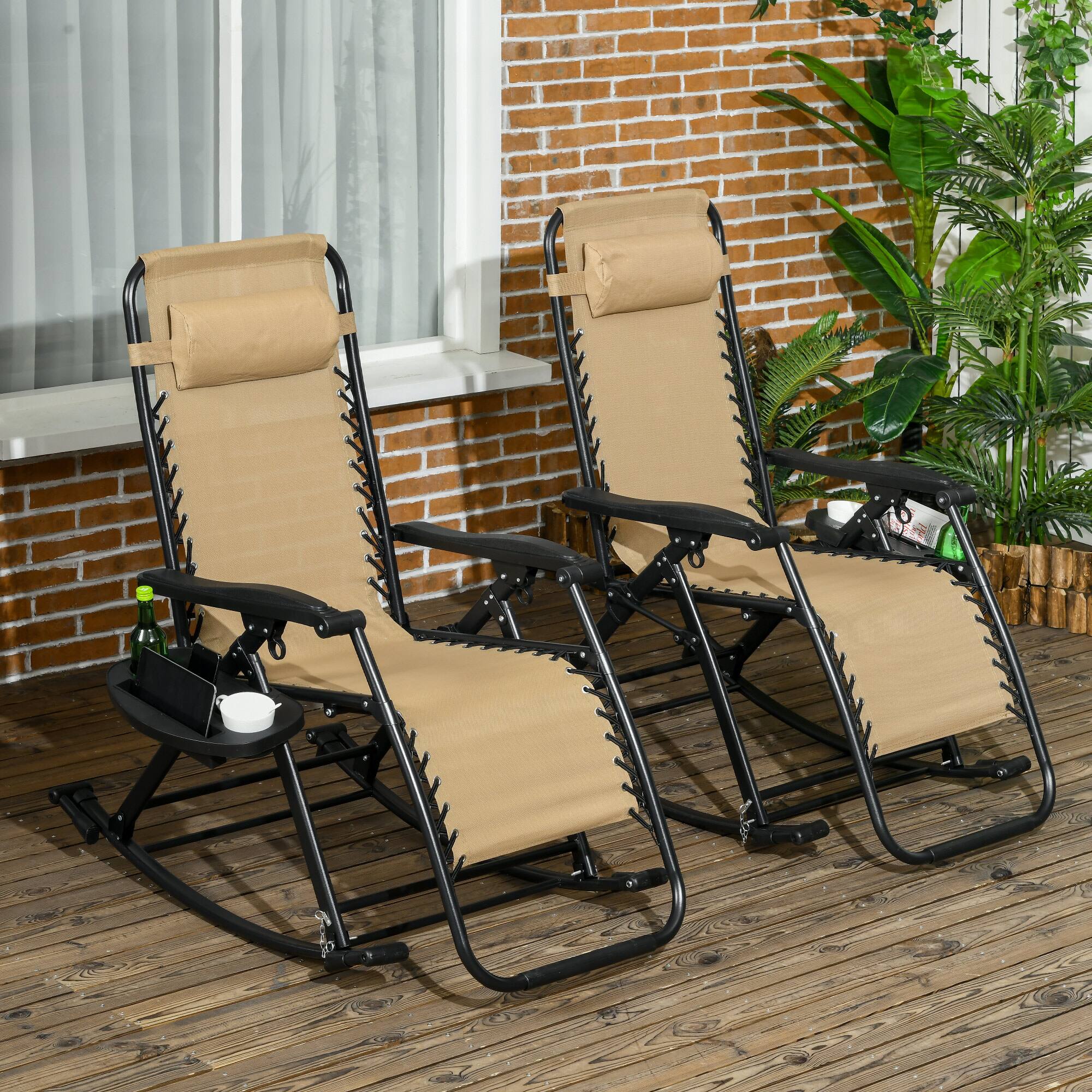 Angle. Outsunny - Set of 2 Outdoor Rocking Chairs, Foldable Reclining Zero Gravity Lounge Rocker with Pillow, Cup & Phone Holder - Beige.