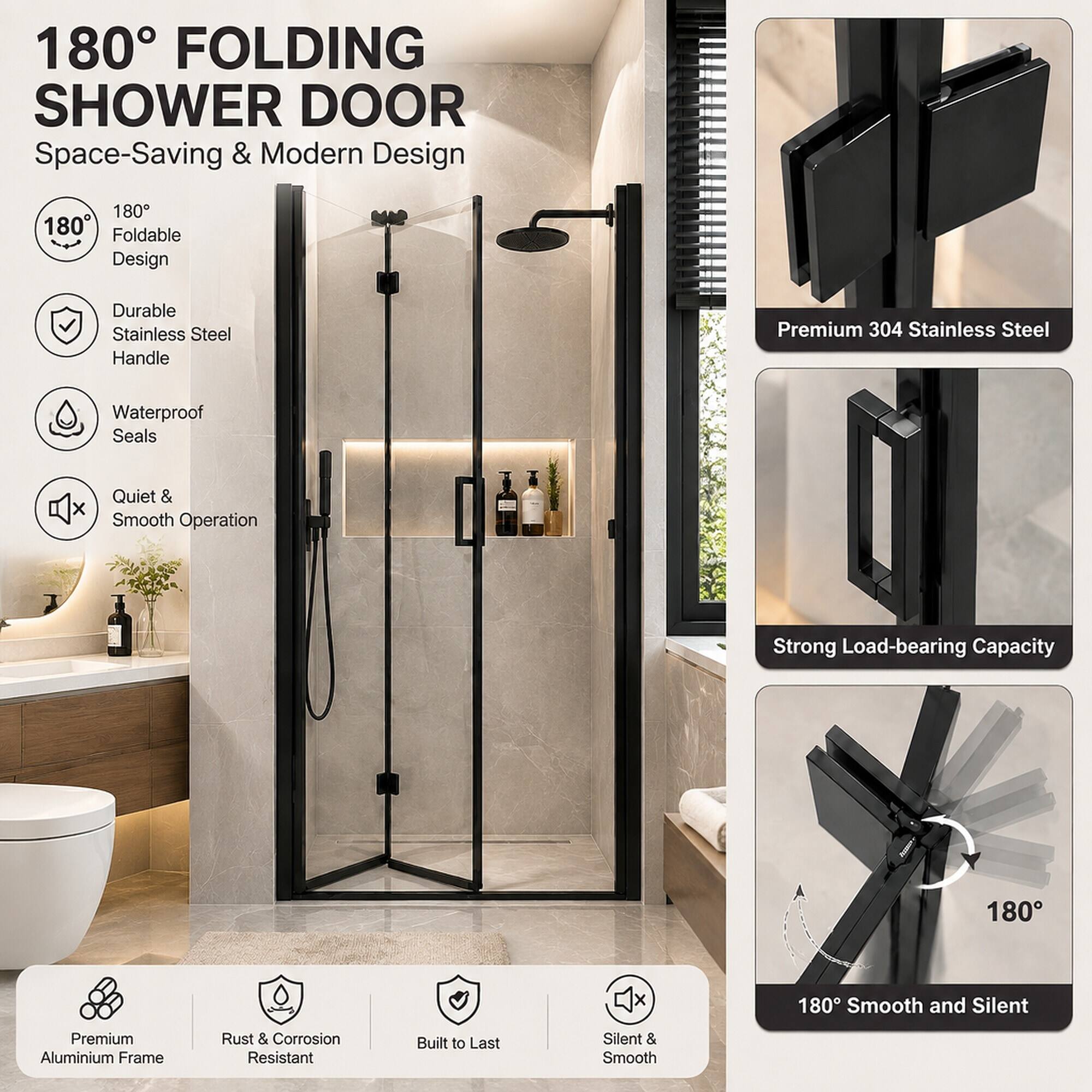180° FOLDING SHOWER DOOR  
Space-Saving & Modern Design

180° Foldable Design

Durable Stainless Steel Handle

Waterproof Seals

Quiet & Smooth Operation

Premium 304 Stainless Steel

Strong Load-bearing Capacity

180° Smooth and Silent

Premium Aluminium Frame

Rust & Corrosion Resistant

Built to Last

Silent & Smooth