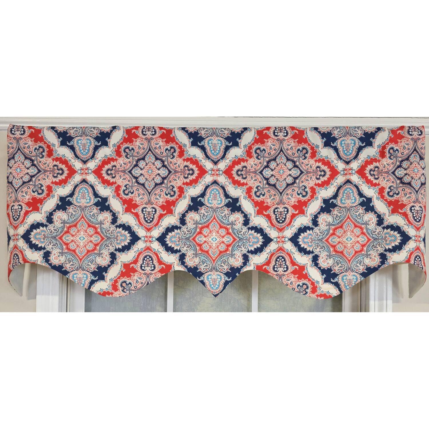 Left. RLF Home - RLF Home 100% Cotton Coventry Regal  Fully lined Windows Rod Pocket Valance 50" x 17"  Navy - Navy.