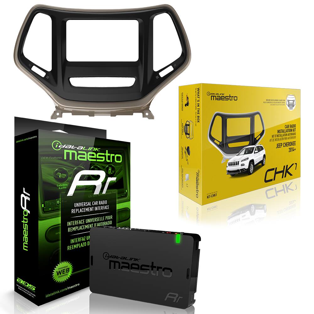 **What's in the Box**

- **Metao Maestro** | **iDatalink**
- **Satellite Radio**
- **Maestro Wood Fam US-3**
- **Replacement Universal Car Interface Radio Interface Universelle Pour Autoradio**
- **Interface de Remplacement d'Autoradio**
- **Interfaz de Reemplazo**
- **Maestro SGe**
- **iDatalink.com/maestro**
- **Kit-CHK1**
- **Car Radio Installation Kit**
- **Kit de Instalación Autoradio**
- **Kit d'Installation Autoradio**
- **Jeep Cherokee 2016+**
- **Jeep Cherokee 2014+**
- **Kit-CHK1**