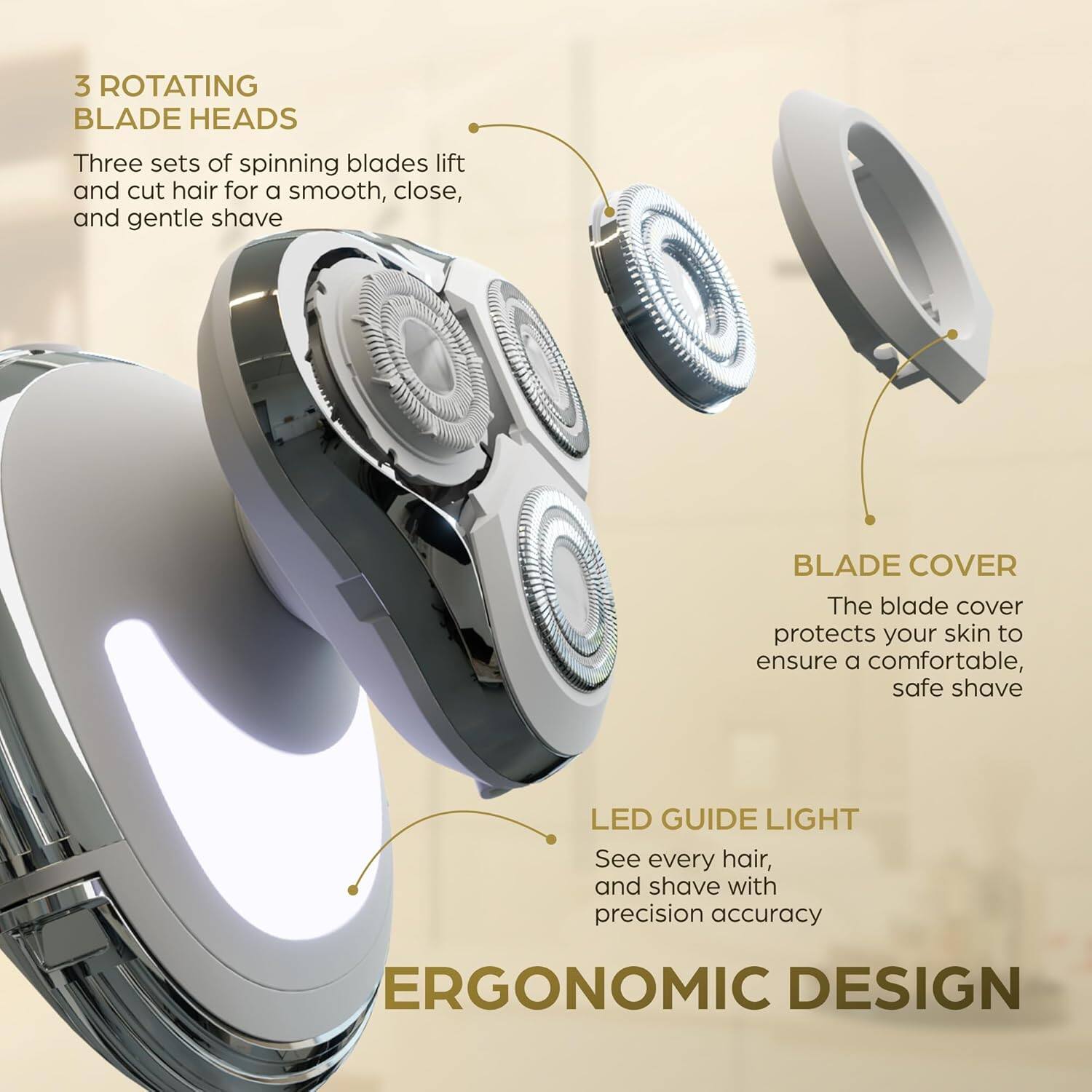 3 ROTATING BLADE HEADS: Three sets of spinning blades lift and cut hair for a smooth, close, and gentle shave.

BLADE COVER: The blade cover protects your skin to ensure a comfortable, safe shave.

LED GUIDE LIGHT: See every hair, and shave with precision accuracy.

ERGONOMIC DESIGN