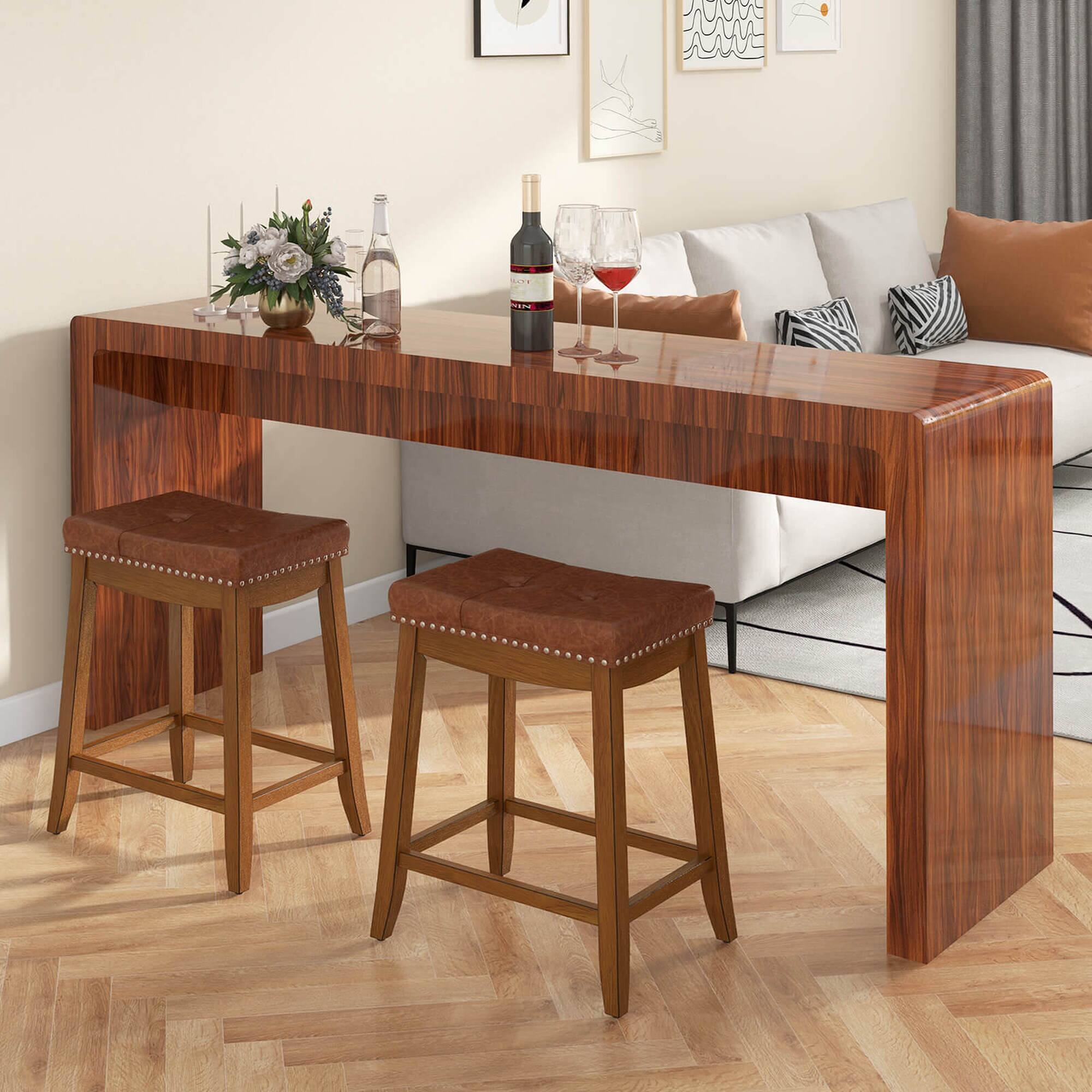 Alt View 1. Costway - Saddle Bar Stools Set of 2 with PU Leather Seat Solid Rubber Wood Frame Footrest - Brown.