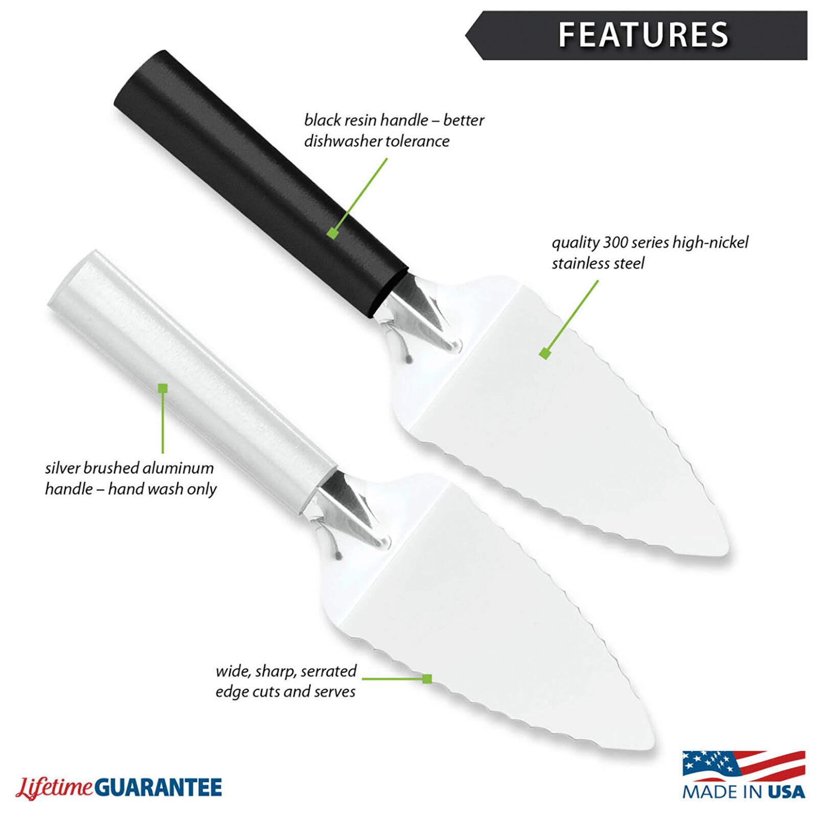 FEATURES
- black resin handle - better dishwasher tolerance
- quality 300 series high-nickel stainless steel
- silver brushed aluminum handle - hand wash only
- wide, sharp, serrated edge cuts and serves

Lifetime GUARANTEE
MADE IN USA