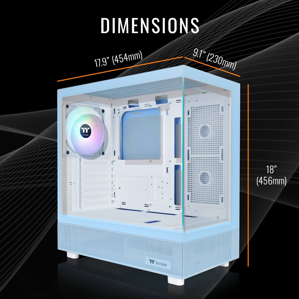 The dimensions of the computer case are 9.1" x 17.9" x 18" (454mm x 230mm x 456mm).