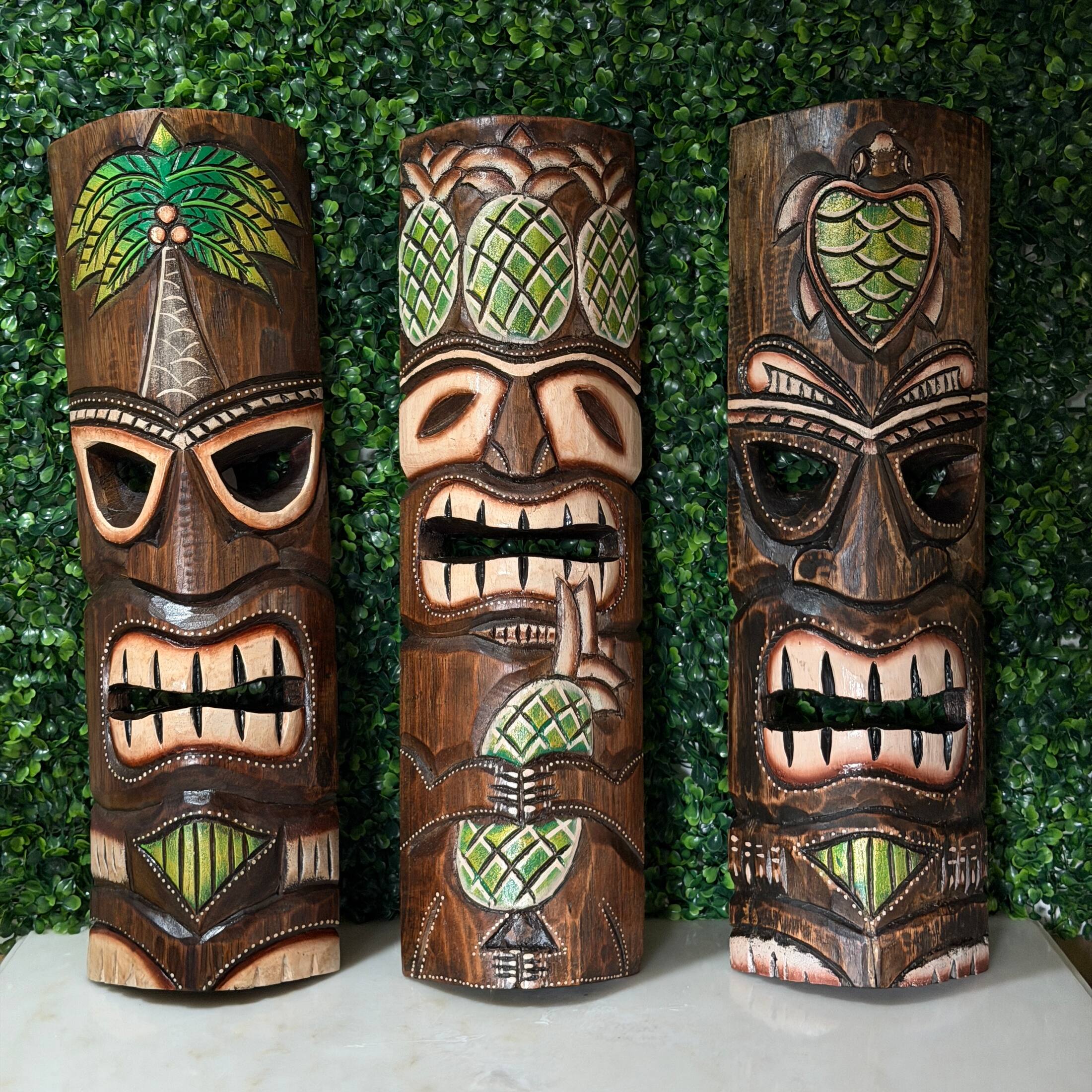 Alt View 5. Zeckos - Hand Carved Wood Tiki Mask Set of 3 Palm Tree Pineapple Turtle 19in Wall Decor - Green.