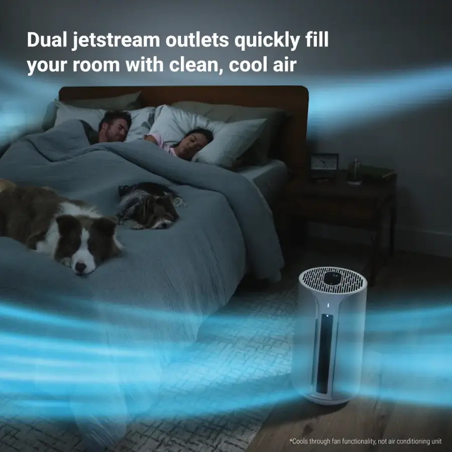 Dual jetstream outlets quickly fill your room with clean, cool air. They cool through fan functionality, not an air conditioning unit.