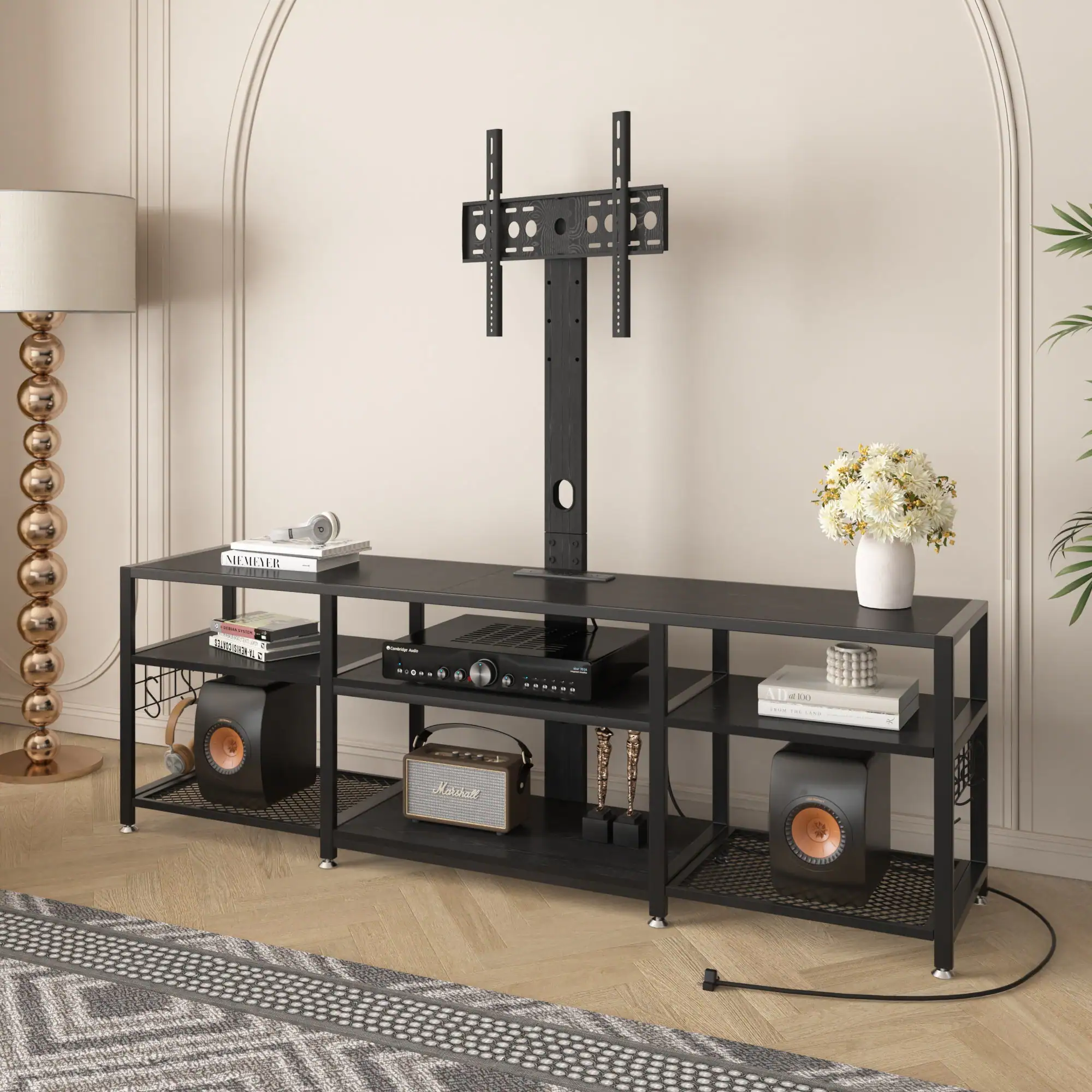 Vecelo - 71" TV Stand with Mount&Power Outlets for 80 Inch TVs, MDF and Metal Frame Storage Console, Universal TV Stand - 63"Black