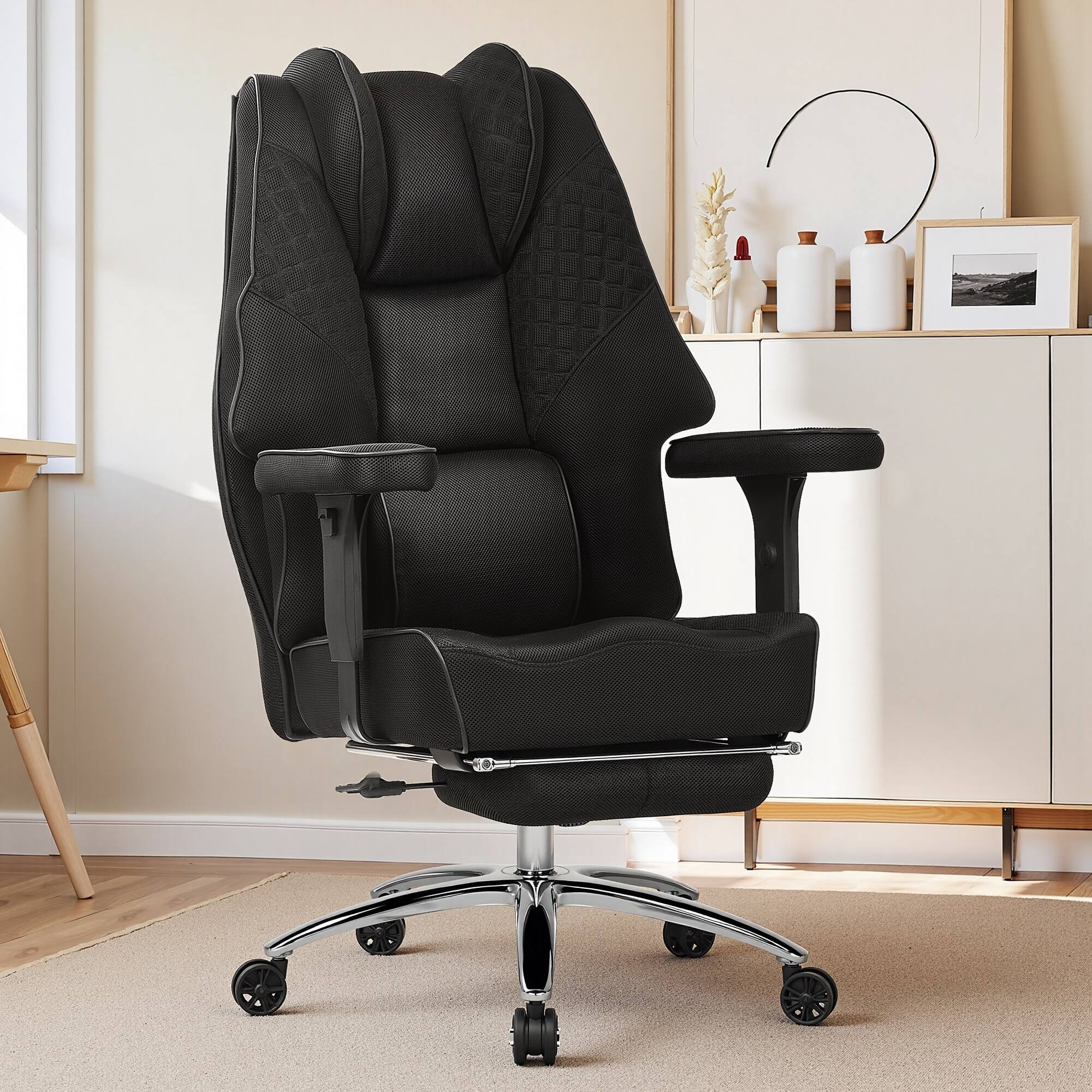 Alt View 5. Vecelo - Black Gaming Chair with Retractable Footrest - Ergonomic Office Chair, Adjustable Lumbar Support & Breathable Fabric - Black.