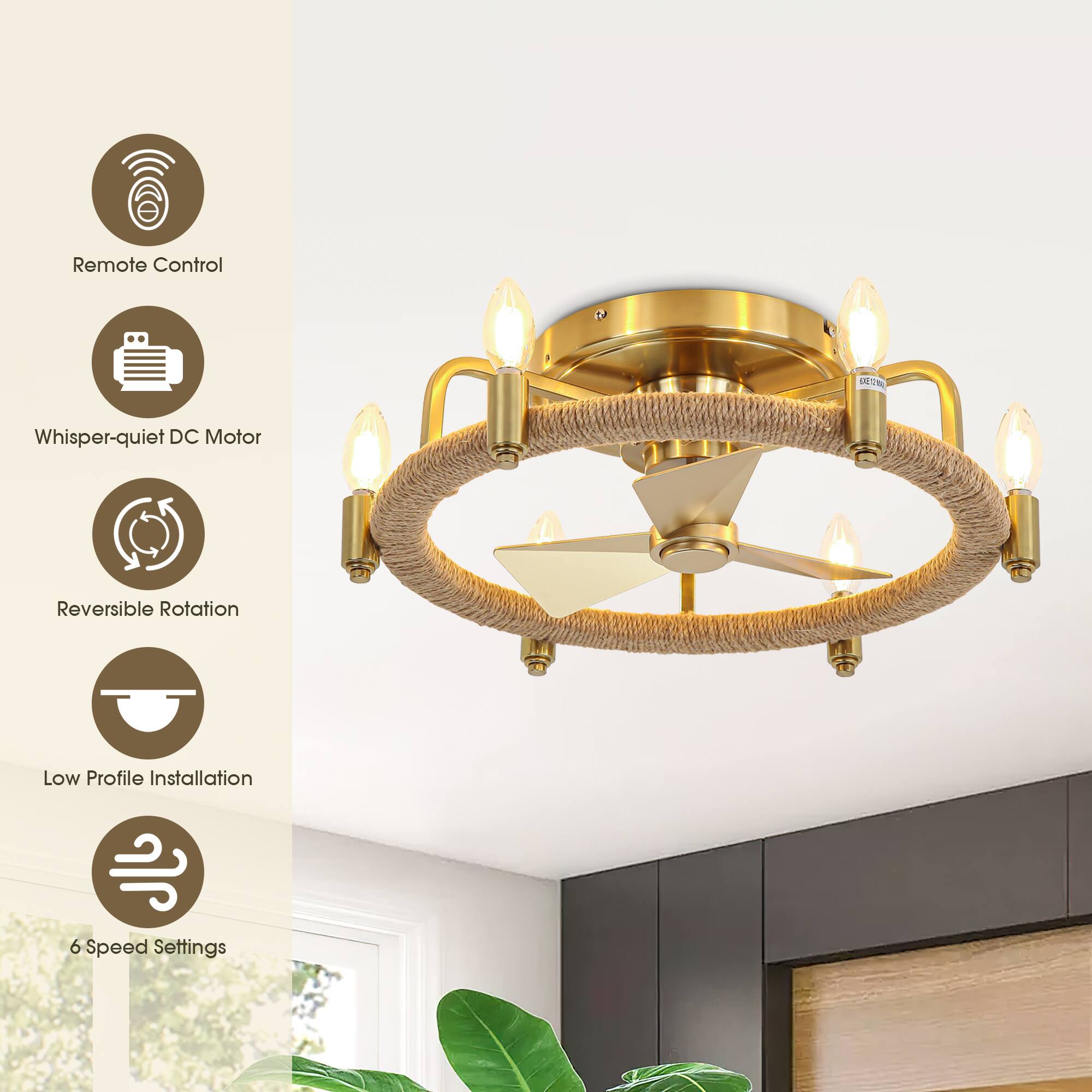 Remote Control  
Whisper-quiet DC Motor  
Reversible Rotation  
Low Profile Installation  
6 Speed Settings