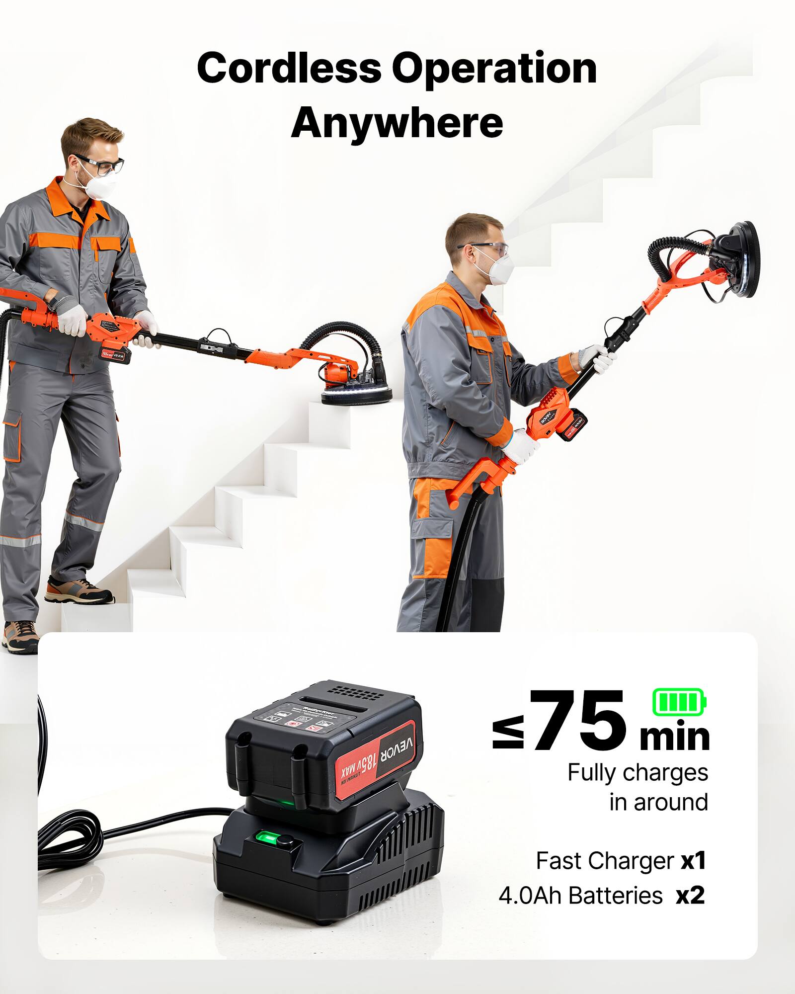 Cordless Operation Anywhere

CHANGE

185 VEVOR XYW

≤ 75 min Fully charges in around

Fast Charger x1 4.0Ah Batteries x2
