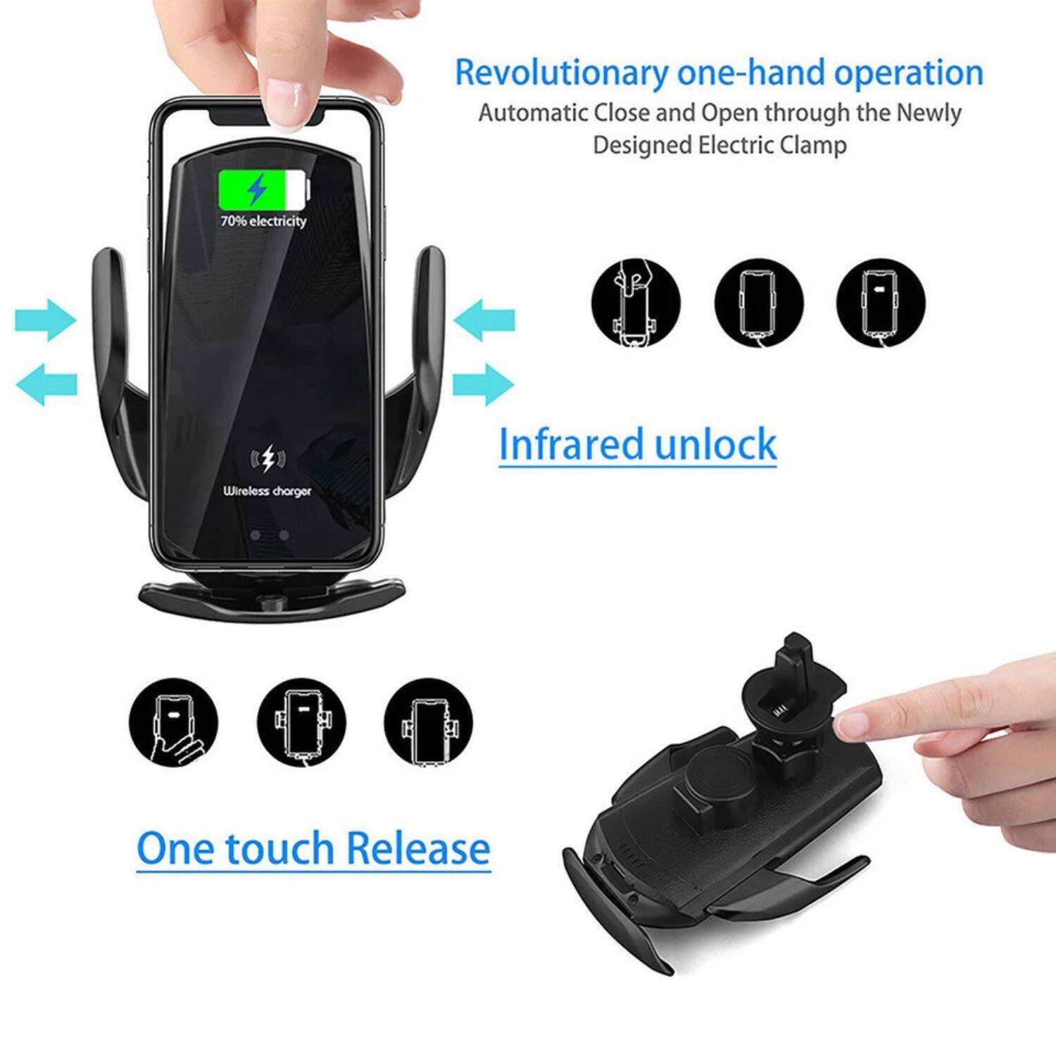 Revolutionary one-hand operation  
Automatic Close and Open through the Newly Designed Electric Clamp  

70% electricity  

Infrared unlock  

Wireless charger  

One touch Release