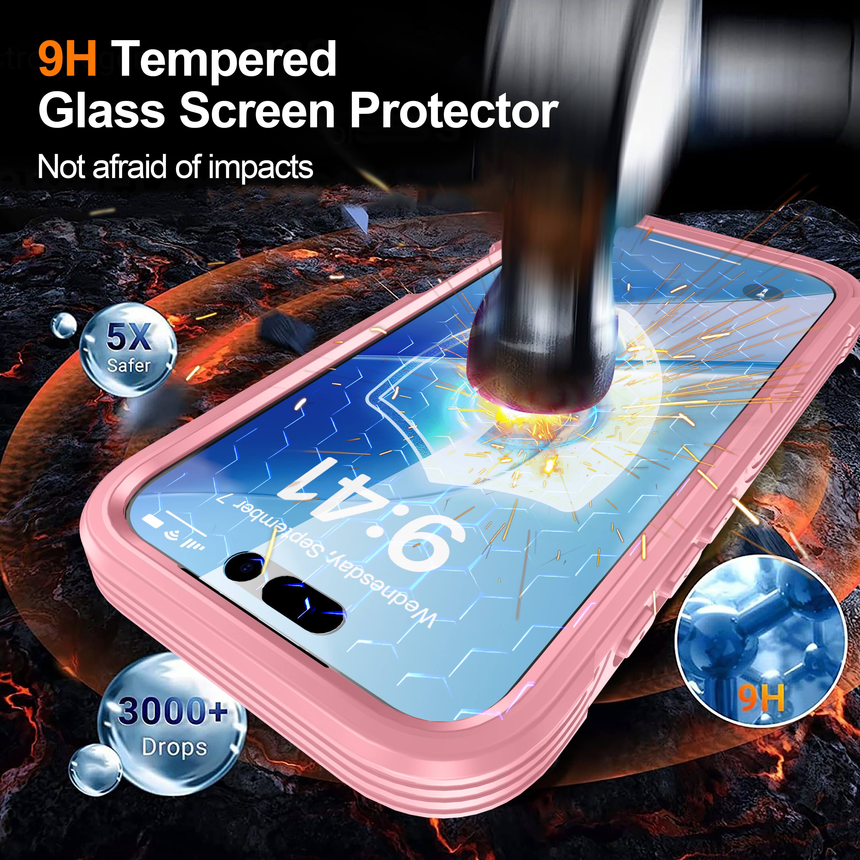 9H Tempered Glass Screen Protector  
Not afraid of impacts  
5X Safer  
3000+ Drops  
9H