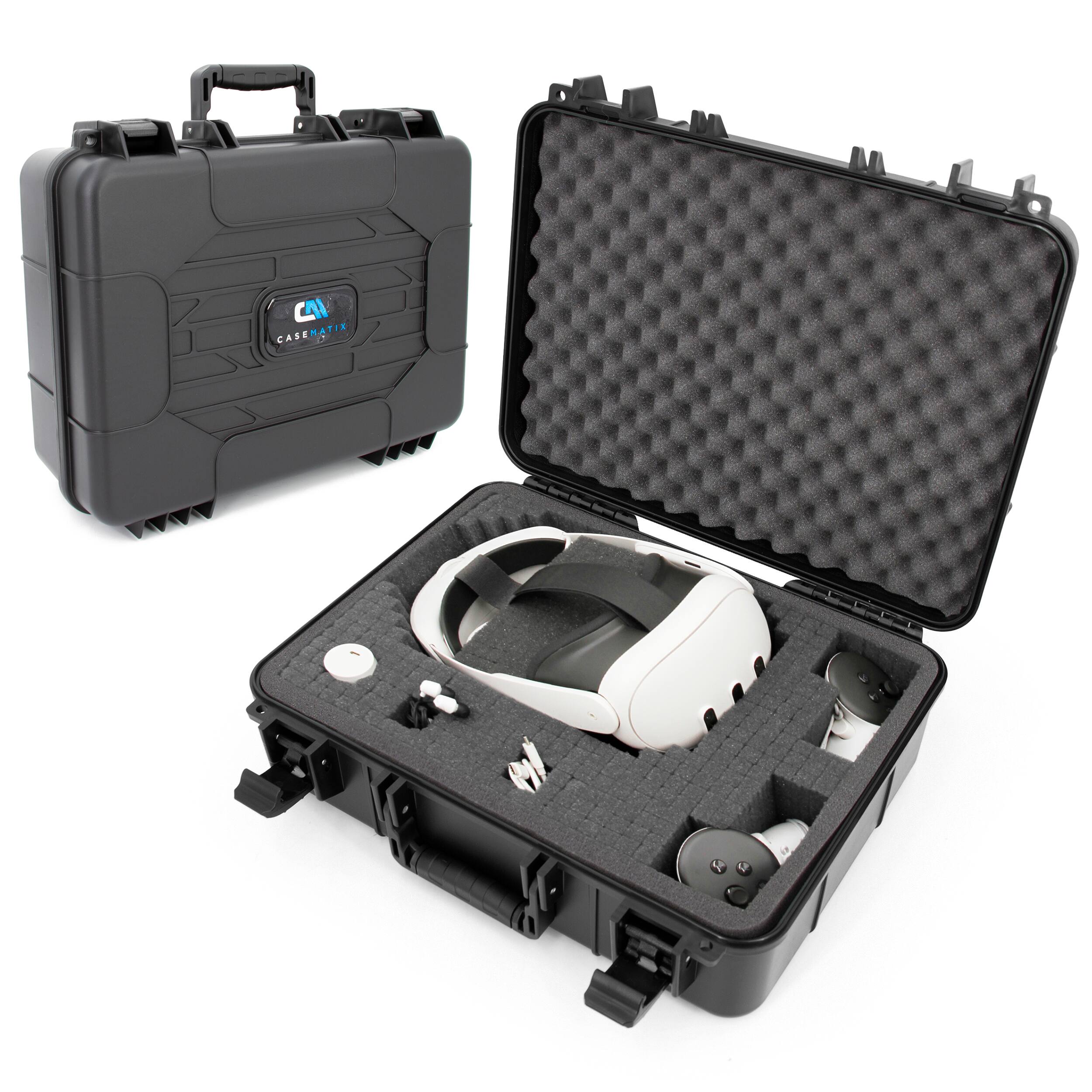 Front. CASEMATIX - Hard Case for Meta Quest 3S, Quest 3, Quest 2, Oculus Quest – VR Headset Storage Case with Customizable Foam - Black.