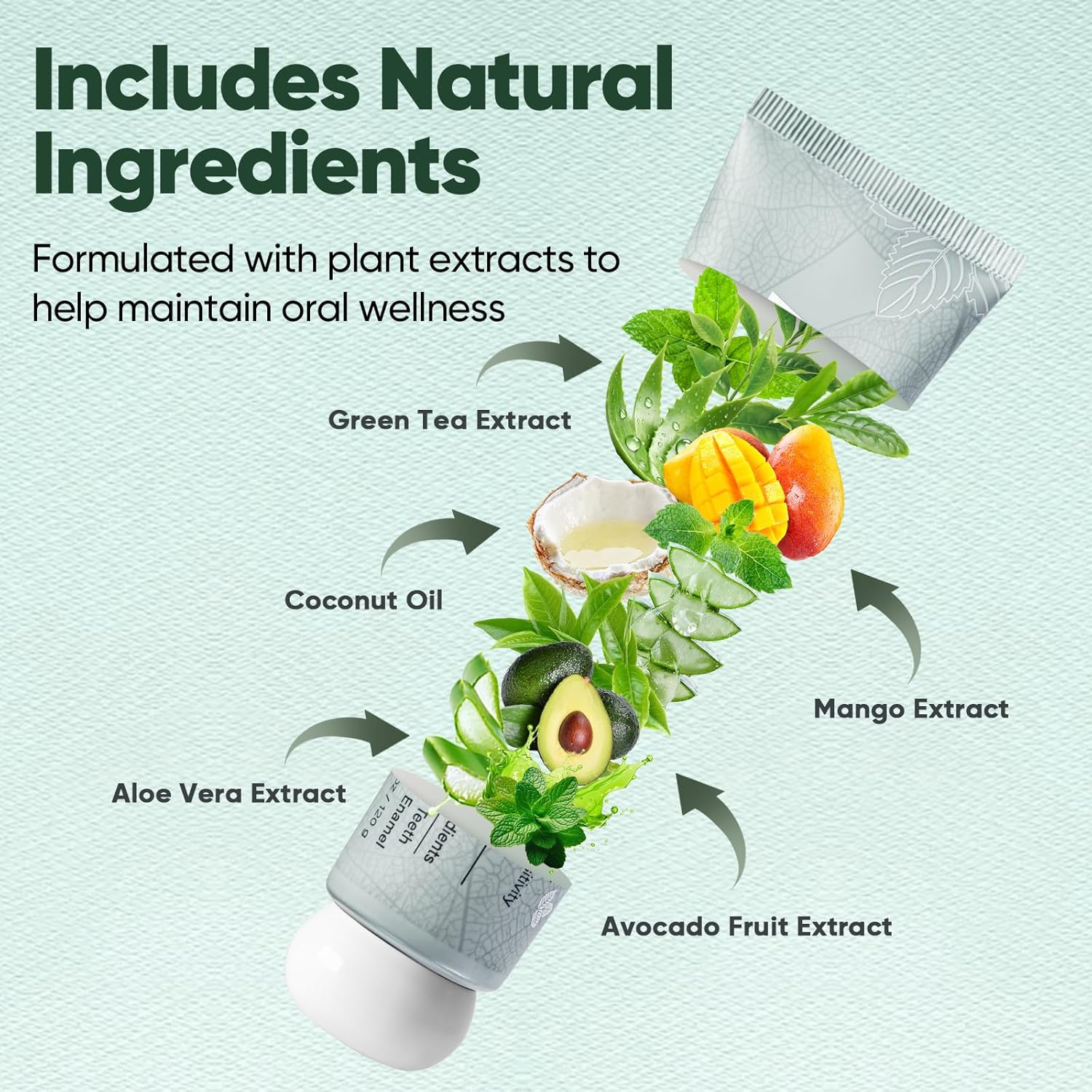 Includes Natural Ingredients  
Formulated with plant extracts to help maintain oral wellness  
- Green Tea Extract  
- Coconut Oil  
- Mango Extract  
- Aloe Vera Extract  
- Avocado Fruit Extract
